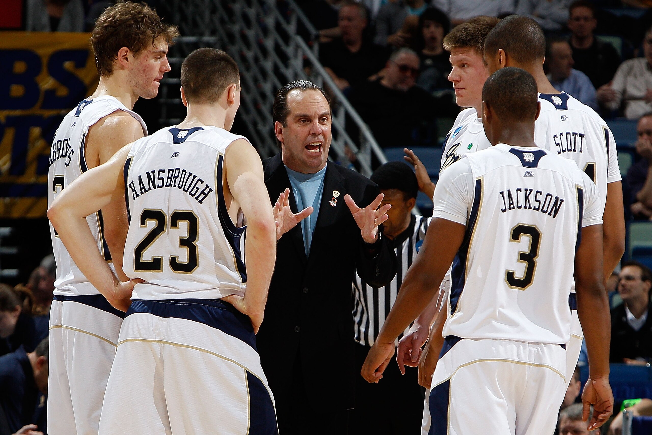 NEW ORLEANS - MARCH 18:  Head coach Mike Brey of the Notre Dame Fighting Irish talks with his team during a timeout against the Old Dominion Monarchs during the first round of the 2010 NCAA men's basketball tournament at the New Orleans Arena on March 18,