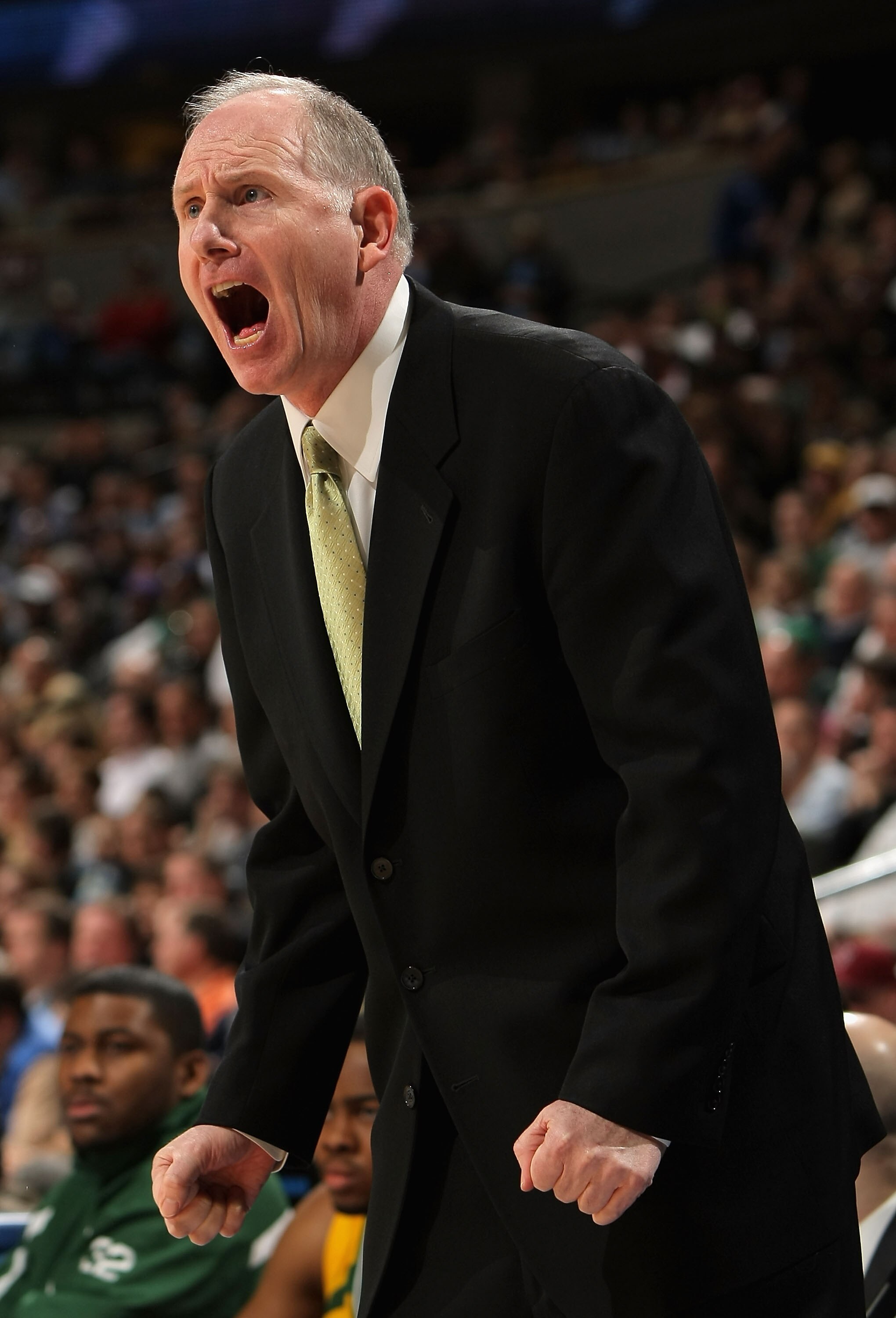 DENVER - MARCH 20:  Head coach Jim Larranaga of the George Mason Patriots reacts during the first round game of the East Regional against the Notre Dame Fighting Irish as part of the 2008 NCAA Men's Basketball Tournament at Pepsi Center on March 20, 2008