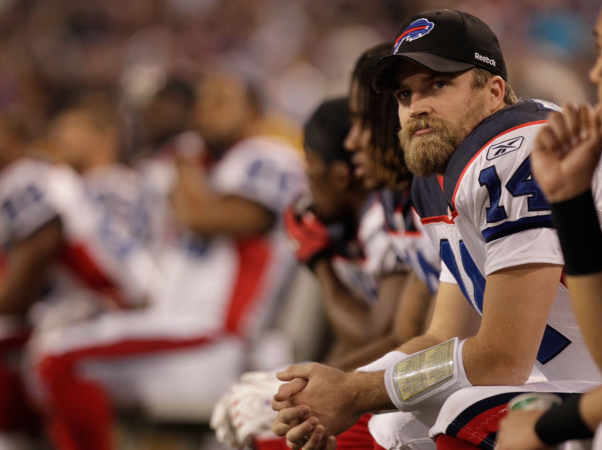 MINNEAPOLIS, MN - DECEMBER 05:  Ryan Fitzpatrick #14 of the Buffalo Bills watches on from the sideline against the Minnesota Vikings at the Mall of America Field at the Hubert H. Humphrey Metrodome on December 5, 2010 in Minneapolis, Minnesota.  (Photo by