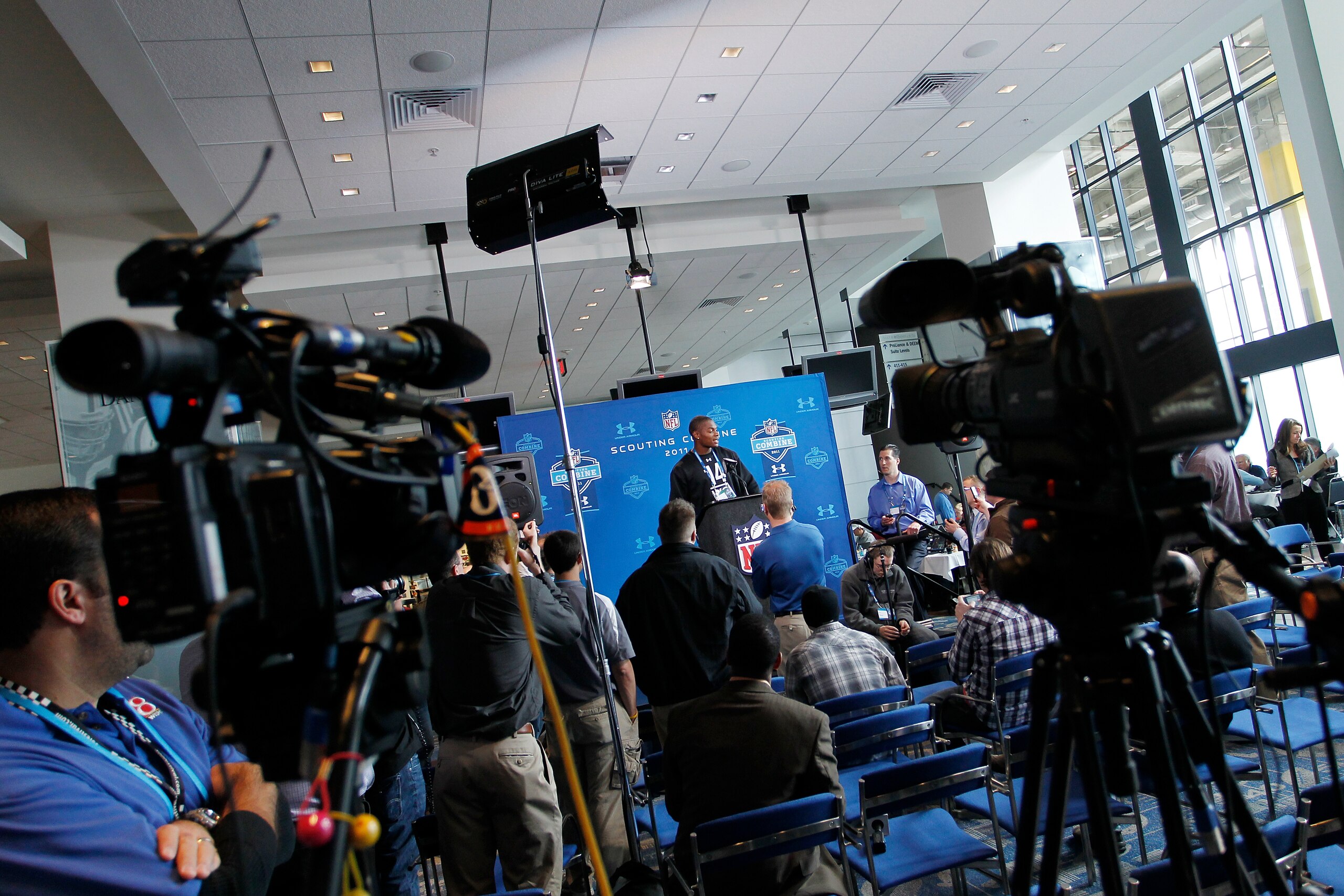 INDIANAPOLIS, IN - FEBRUARY 25: Miami Hurricanes wide receiver Leonard Hankerson answers questions during a media session at the 2011 NFL Scouting Combine at Lucas Oil Stadium on February 25, 2011 in Indianapolis, Indiana. (Photo by Joe Robbins/Getty Imag