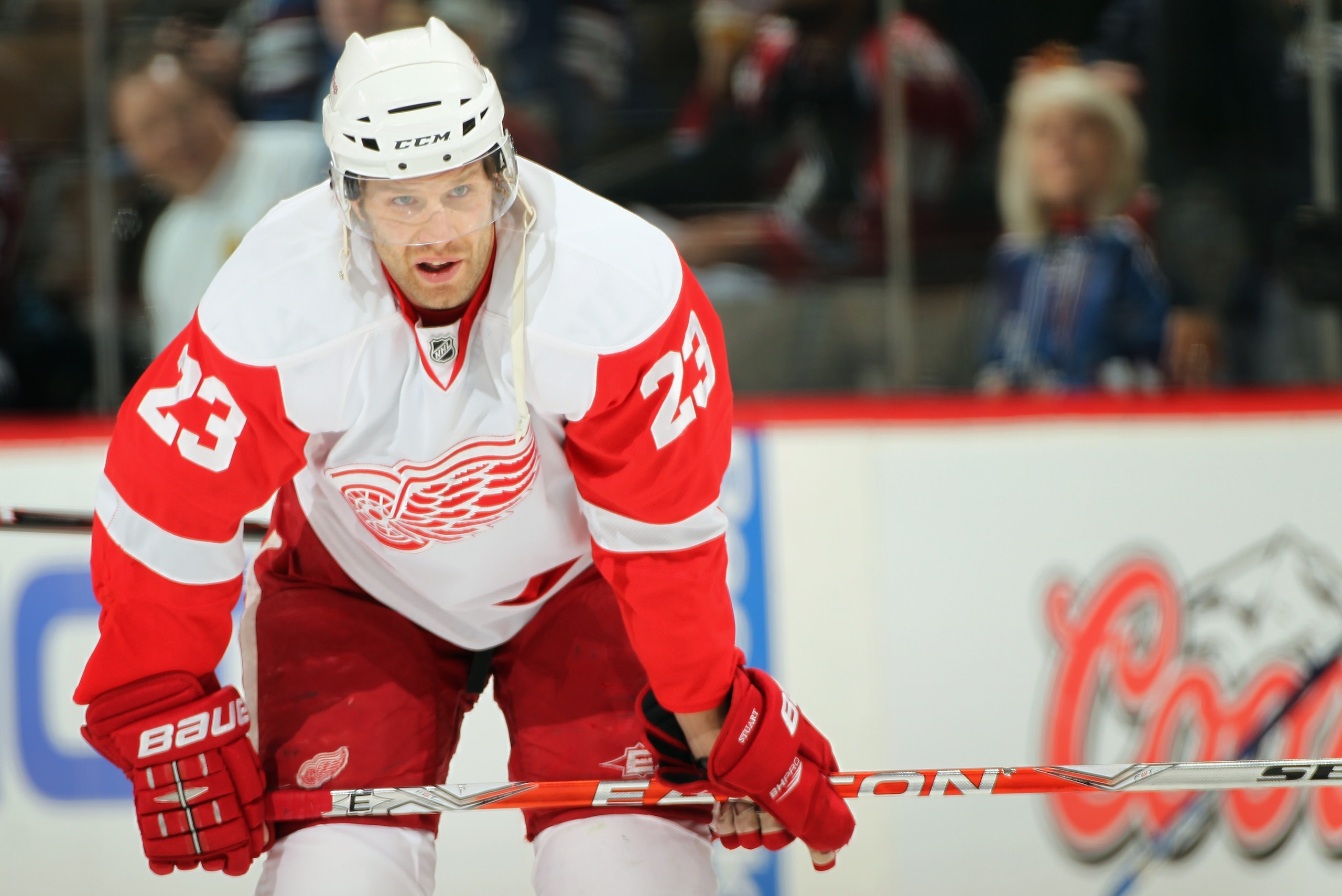 DENVER - DECEMBER 27:  Brad Stuart #23 of the Detroit Red Wings warms up prior to facing the Colorado Avalanche at the Pepsi Center on December 27, 2010 in Denver, Colorado. The Red Wings defeated the Avalanche 4-3 in overtime.  (Photo by Doug Pensinger/G