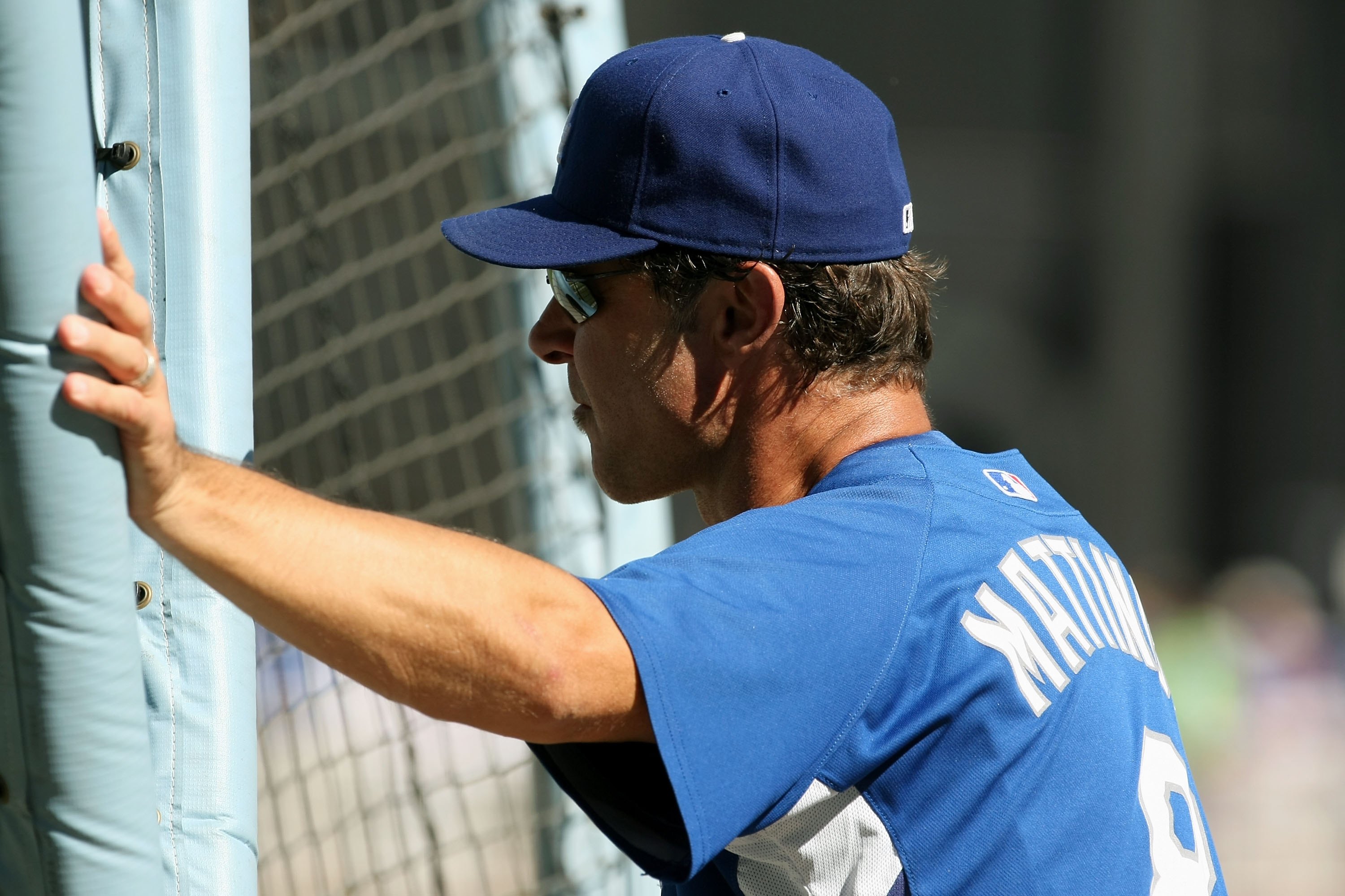 LOS ANGELES, CA - OCTOBER 16:  Batting Coach Don Mattingly of the Los Angeles Dodgers looks on during batting practice prior to the start of Game Two of the NLCS against the Philadelphia Phillies during the 2009 MLB Playoffs at Dodger Stadium on October 1