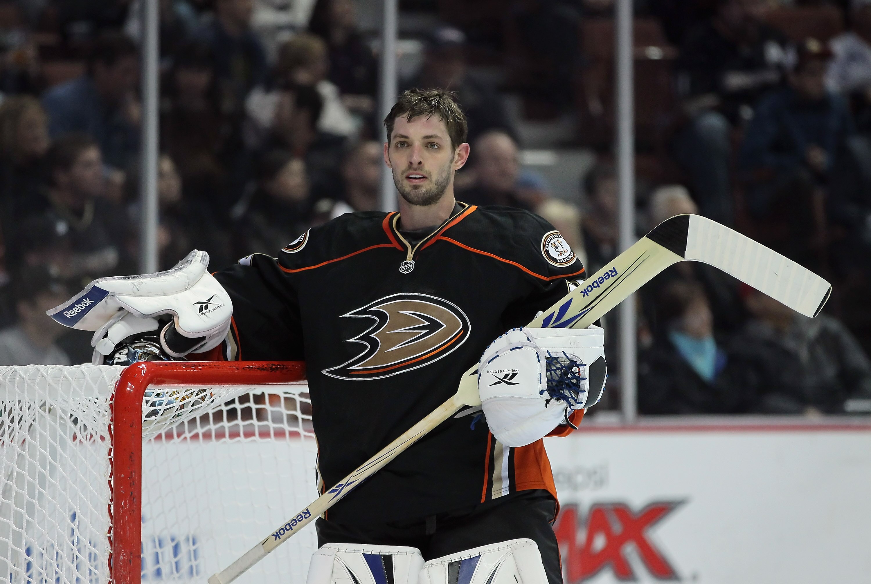 ANAHEIM, CA - FEBRUARY 25:  Goaltender Dan Ellis #38 of the Anaheim Ducks looks on against the Minnesota Wild at Honda Center on February 25, 2011 in Anaheim, California. The Wild defeated the Ducks 3-2 in overtime.  (Photo by Jeff Gross/Getty Images)