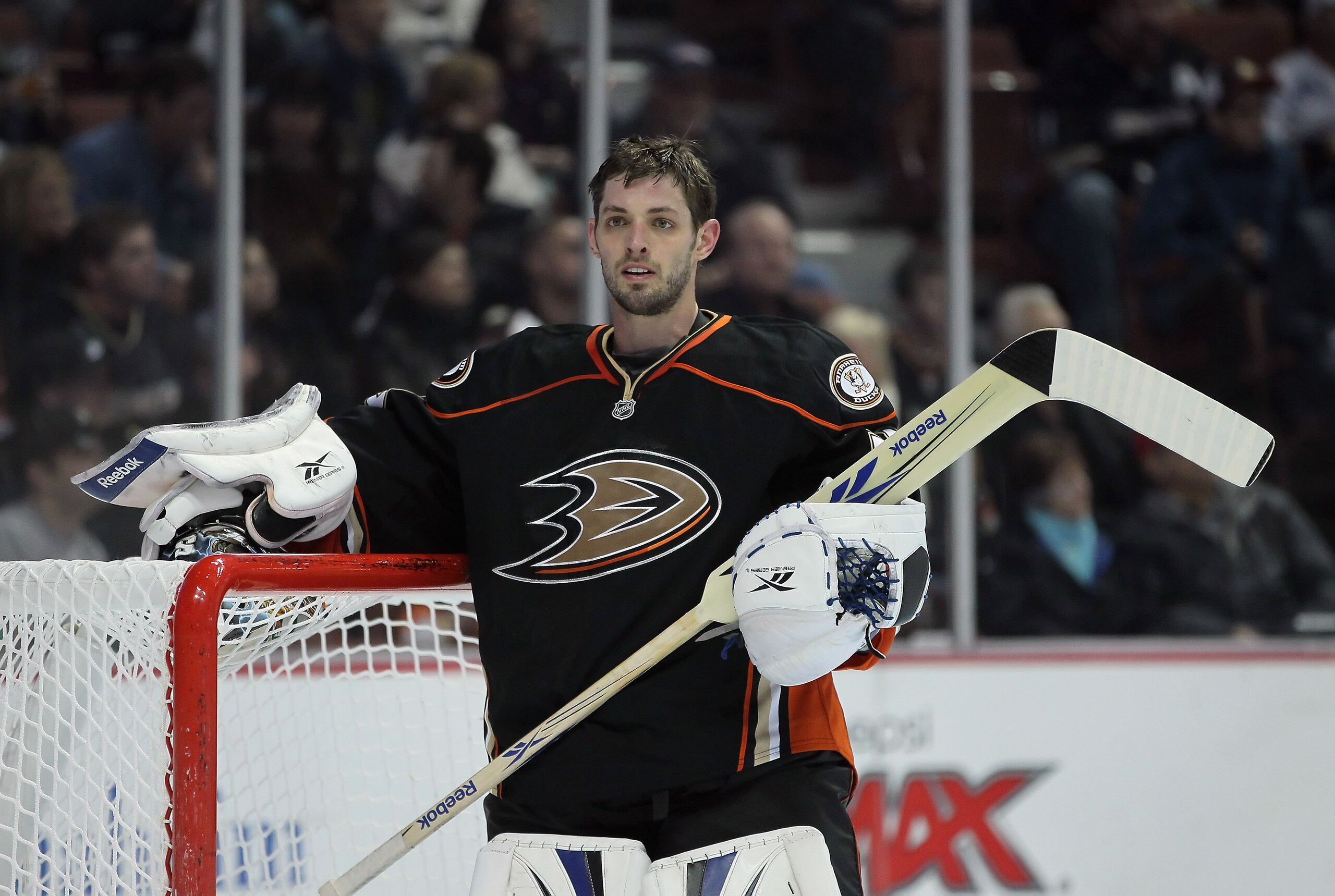 ANAHEIM, CA - FEBRUARY 25:  Goaltender Dan Ellis #38 of the Anaheim Ducks looks on against the Minnesota Wild at Honda Center on February 25, 2011 in Anaheim, California. The Wild defeated the Ducks 3-2 in overtime.  (Photo by Jeff Gross/Getty Images)