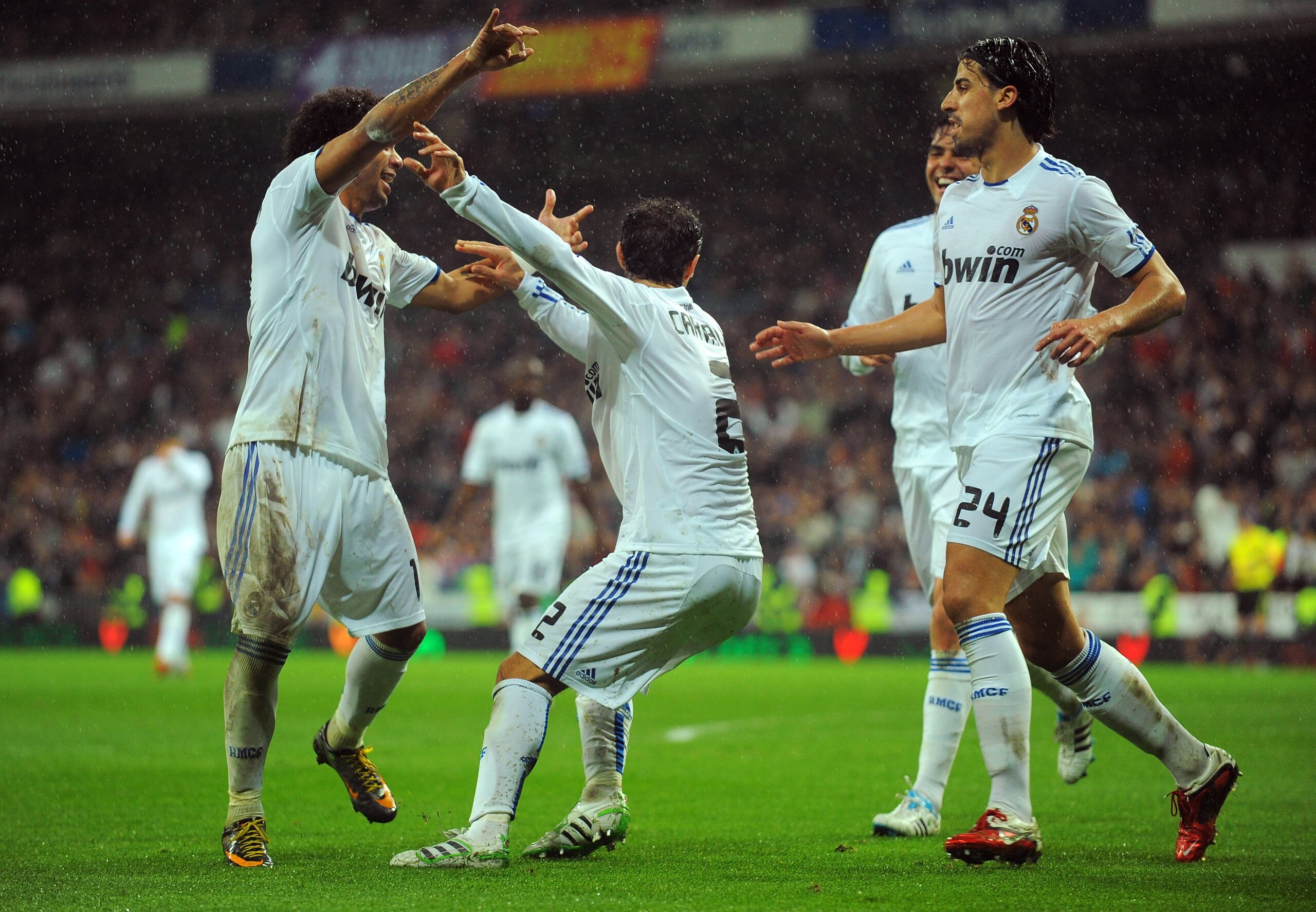 MADRID, SPAIN - FEBRUARY 19:  Ricardo Carvalho (C) of Real Madrid celebrates with Marcelo (L) and Sami Khedira after scoring Real's 2nd goal during the  La Liga match between Real Madrid and Levante at Estadio Santiago Bernabeu on February 19, 2011 in Mad