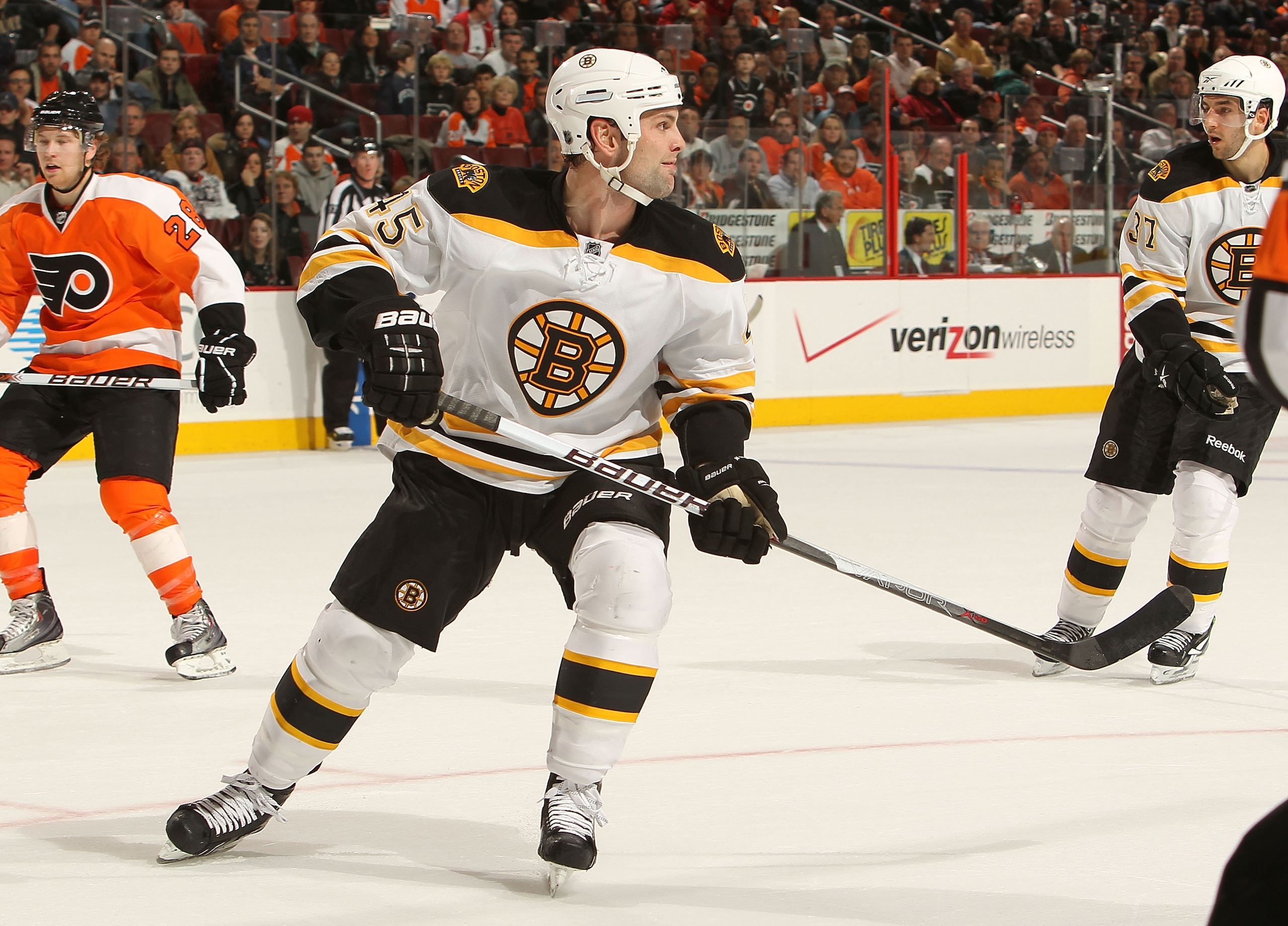 PHILADELPHIA, PA - DECEMBER 01:  Mark Stuart #45 of the Boston Bruins on the ice against the Philadelphia Flyers at the Wells Fargo Center on December 1, 2010 in Philadelphia, Pennsylvania.  (Photo by Nick Laham/Getty Images)