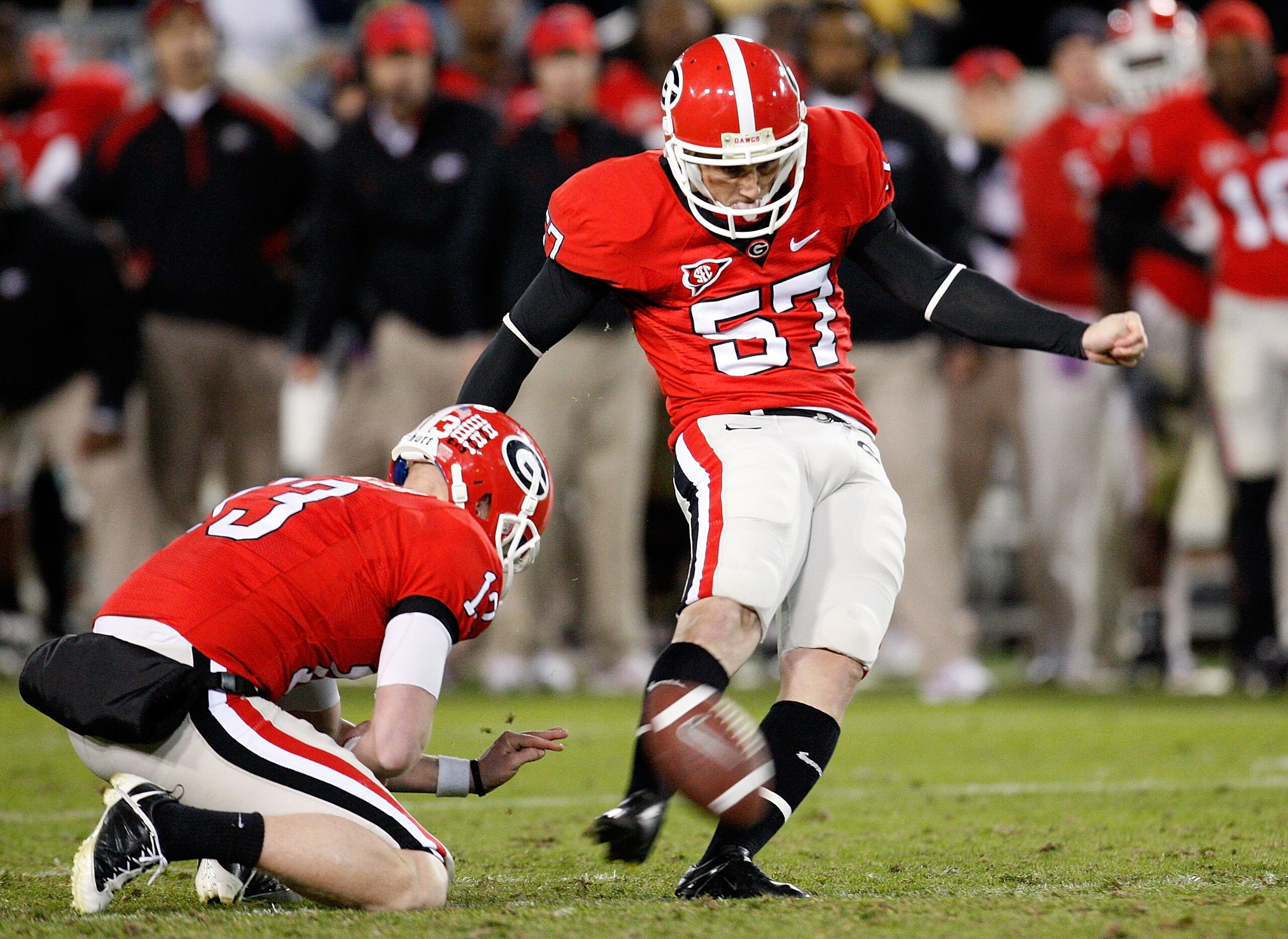ATLANTA - NOVEMBER 28:  Blair Walsh #57 of the Georgia Bulldogs against the Georgia Tech Yellow Jackets at Bobby Dodd Stadium on November 28, 2009 in Atlanta, Georgia.  (Photo by Kevin C. Cox/Getty Images)