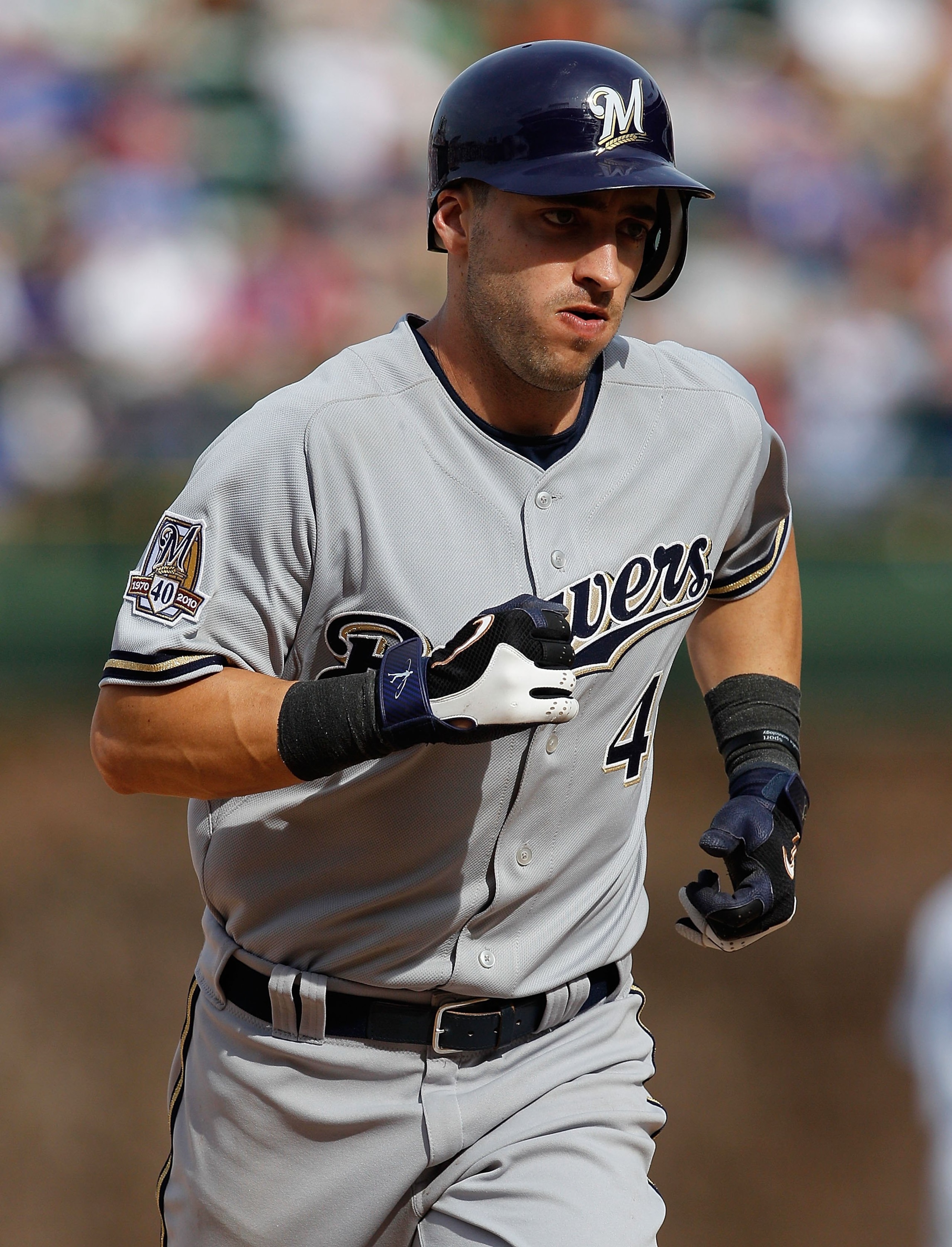 CHICAGO - APRIL 15: Ryan Braun of the Milwaukee Brewers, wearing a number 42 jersey in honor of Jackie Robinson, runs the bases after hitting a home run in the 8th inning against the Chicago Cubs at Wrigley Field on April 15, 2010 in Chicago, Illinois. Th