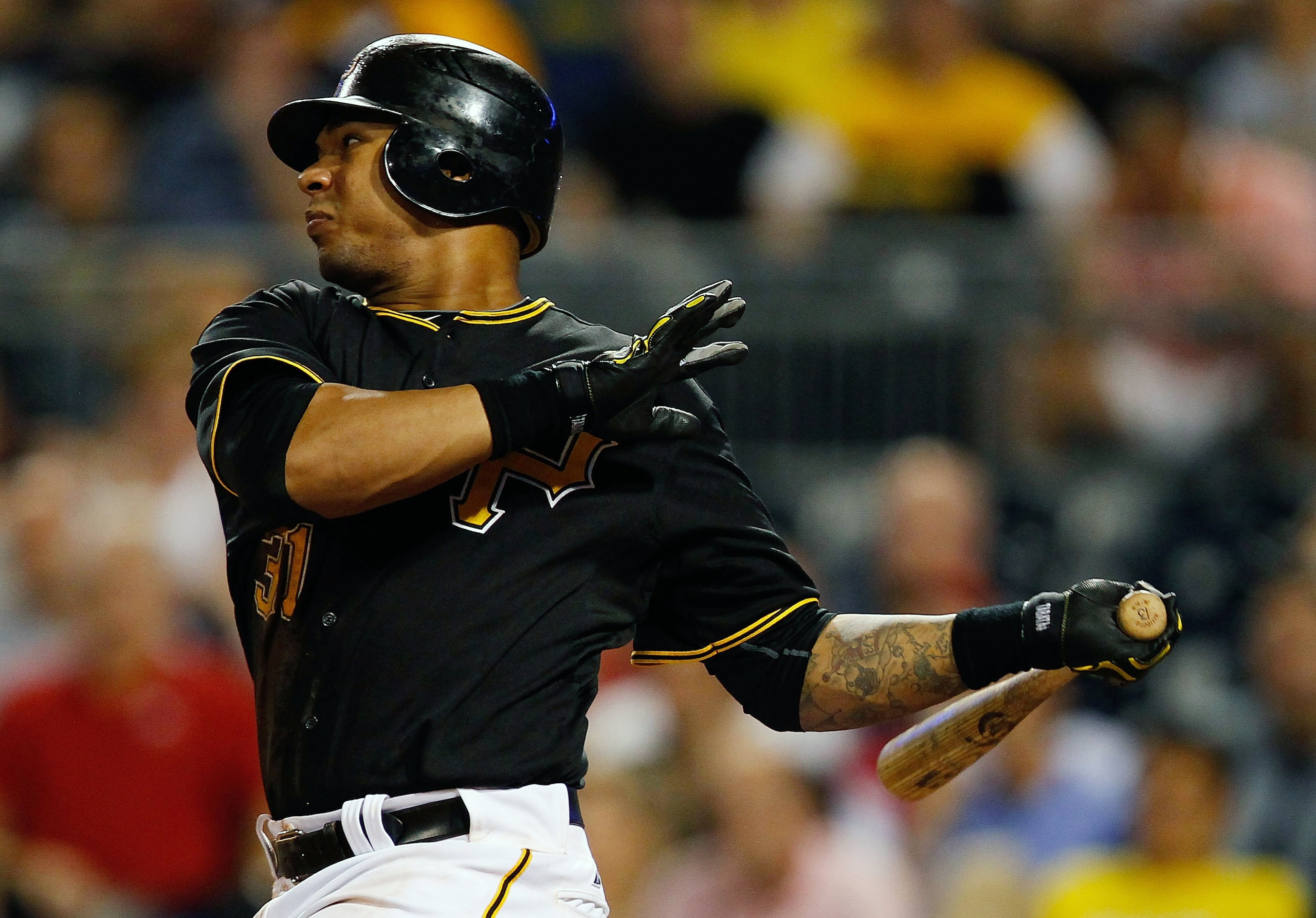 PITTSBURGH - SEPTEMBER 21:  Jose Tabata #31 of the Pittsburgh Pirates hits a two run triple against the St. Louis Cardinals during the game on September 21, 2010 at PNC Park in Pittsburgh, Pennsylvania.  (Photo by Jared Wickerham/Getty Images)