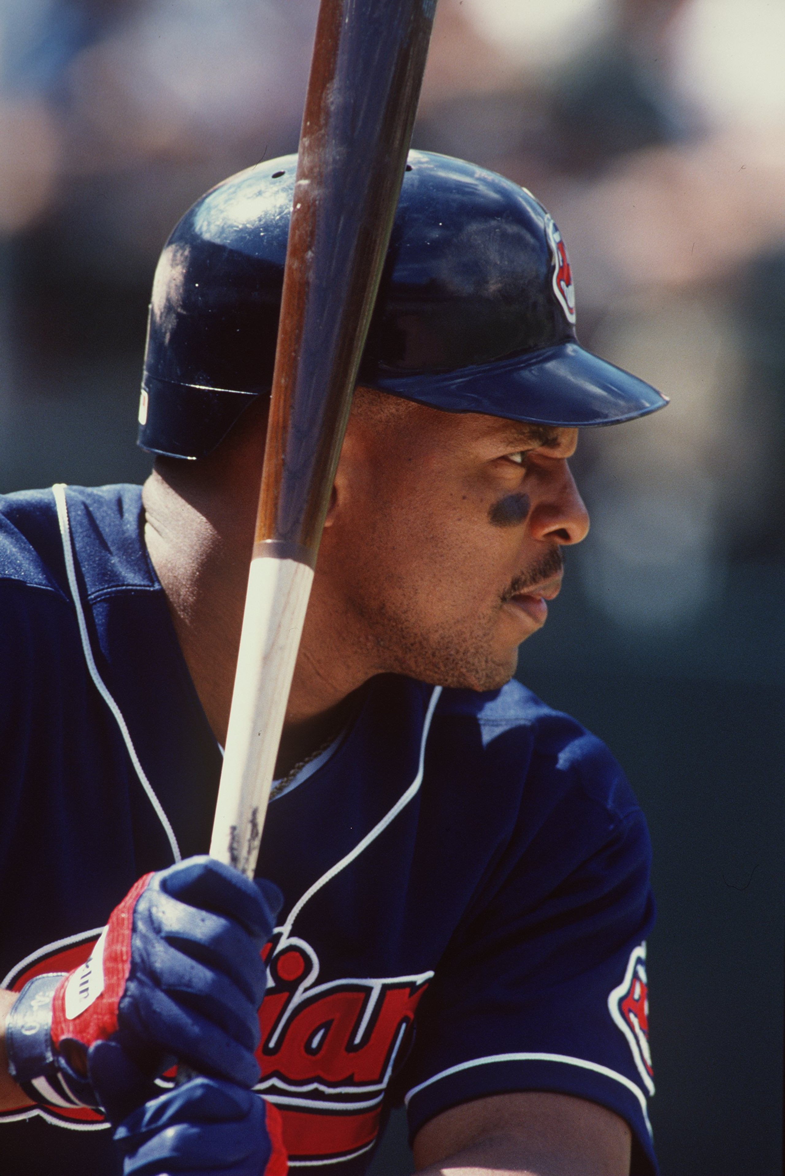 10 Aug 1996:  Outfielder Albert Belle of the Cleveland Indians stares back at the pitchers mound as he awaits the arrival of the ball during an at-bat in the Indians 5-1 loss to the Oakland A''s at the Alemeda County Coliseum in Oakland, California.  Mand