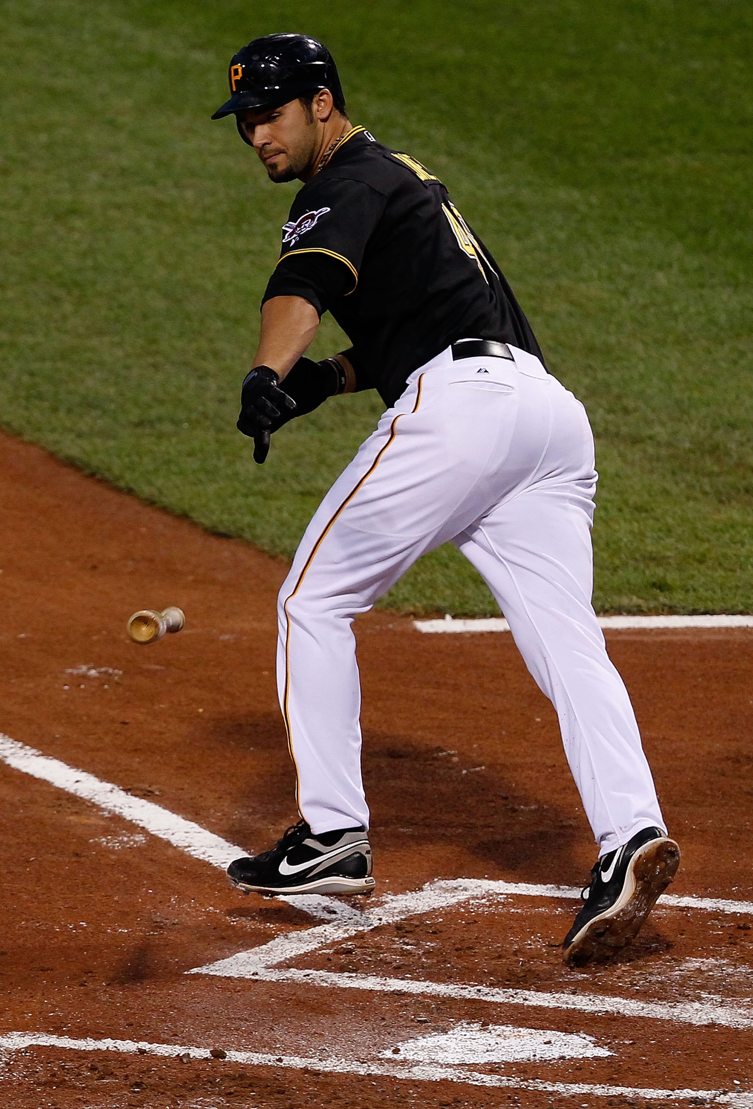 PITTSBURGH - SEPTEMBER 21:  Garrett Jones #46 of the Pittsburgh Pirates throws his bat after being walked by the St. Louis Cardinals during the game on September 21, 2010 at PNC Park in Pittsburgh, Pennsylvania.  (Photo by Jared Wickerham/Getty Images)