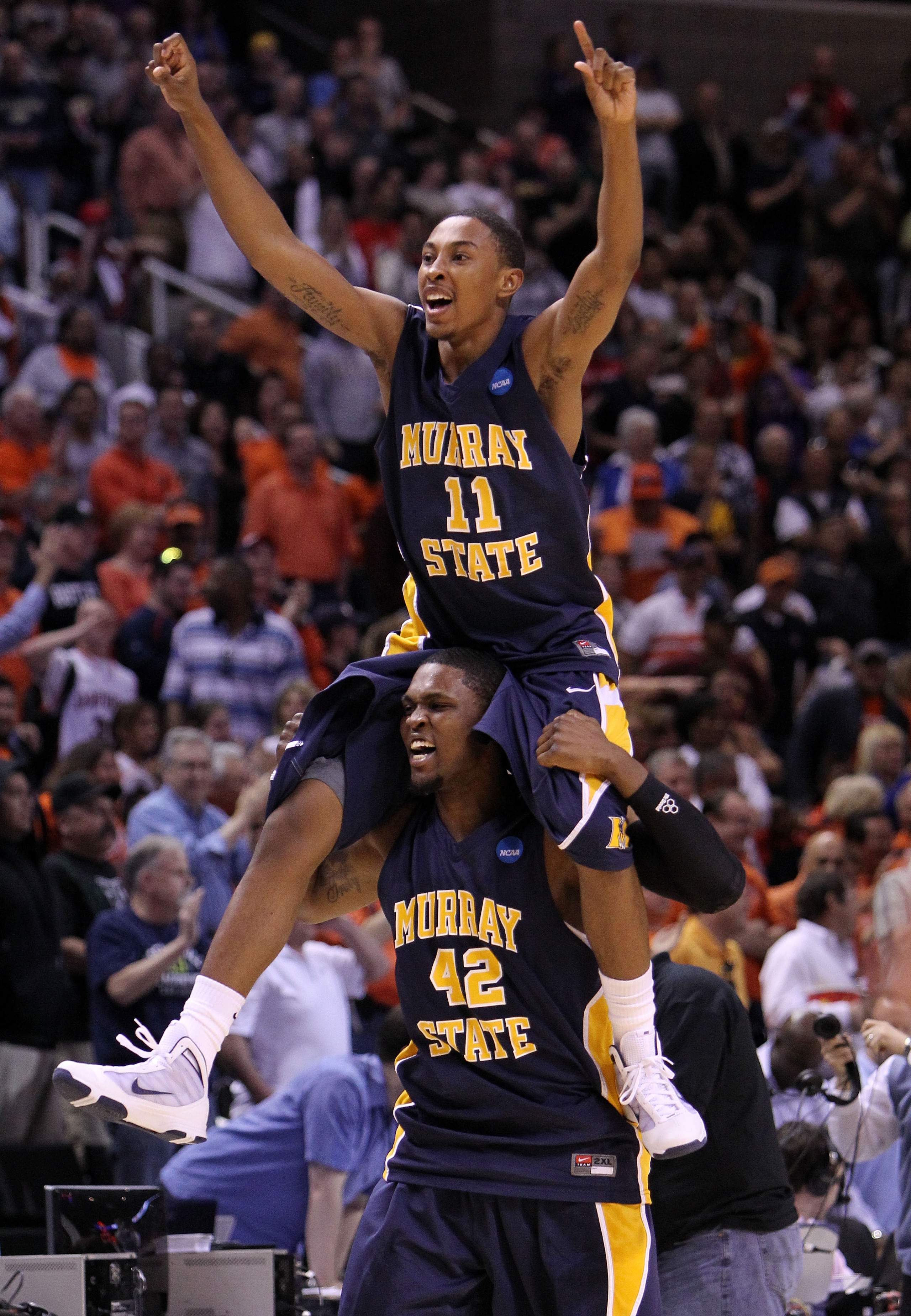 SAN JOSE, CA - MARCH 18:  Guard Donte Poole #11 and forward Ivan Aska #42 of the Murray State Racers react after defeating the Vanderbilt Commodores 66-65 in the first round of the 2010 NCAA menï¿½s basketball tournament at HP Pavilion on March 18, 2010 in