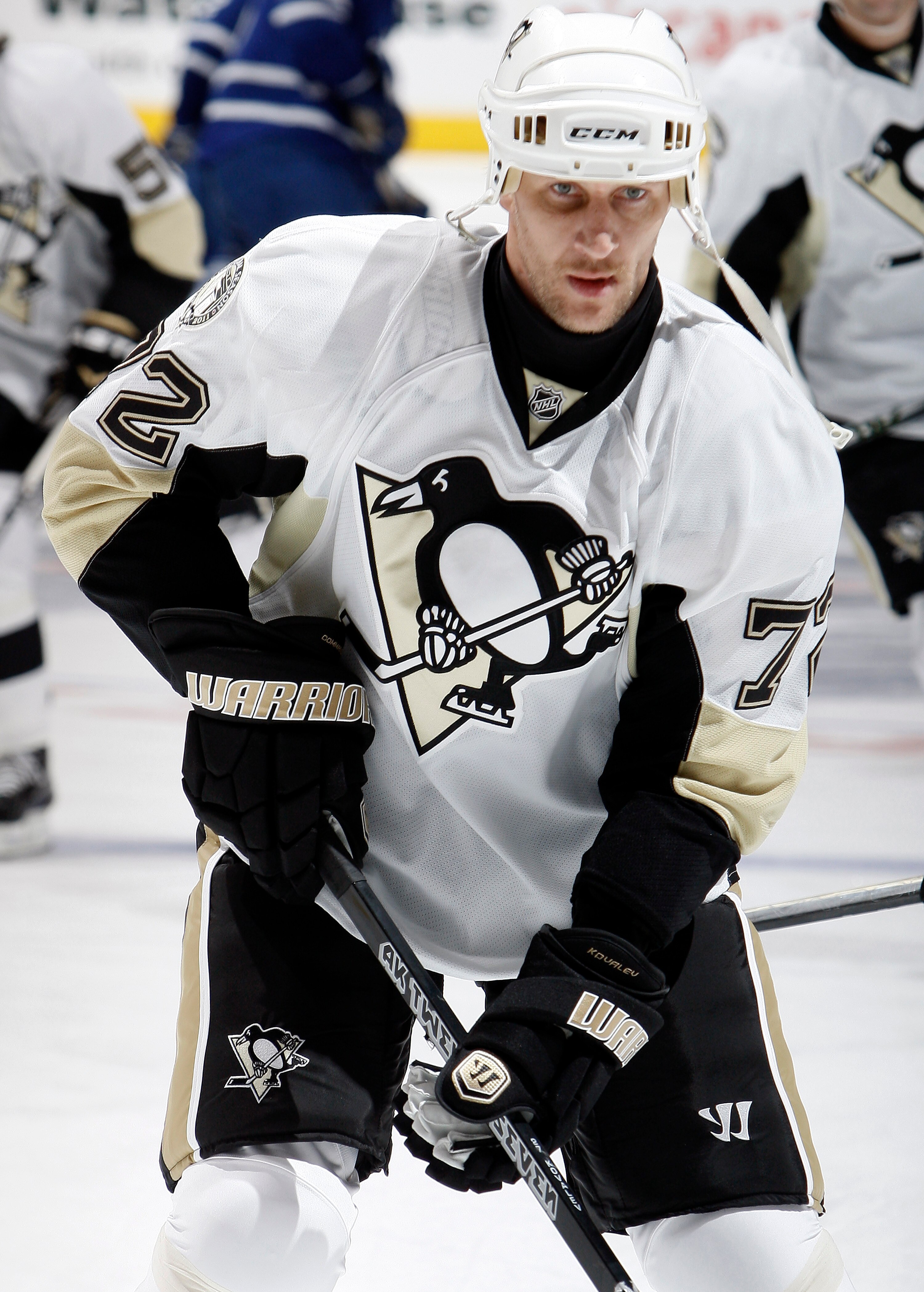 TORONTO, CANADA - FEBRUARY 26: Alexei Kovalev #72 of the Pittsburgh Penguins shoots during warmup before game action against the Toronto Maple Leafs at the Air Canada Centre February 26, 2011 in Toronto, Ontario, Canada. (Photo by Abelimages/Getty Images)
