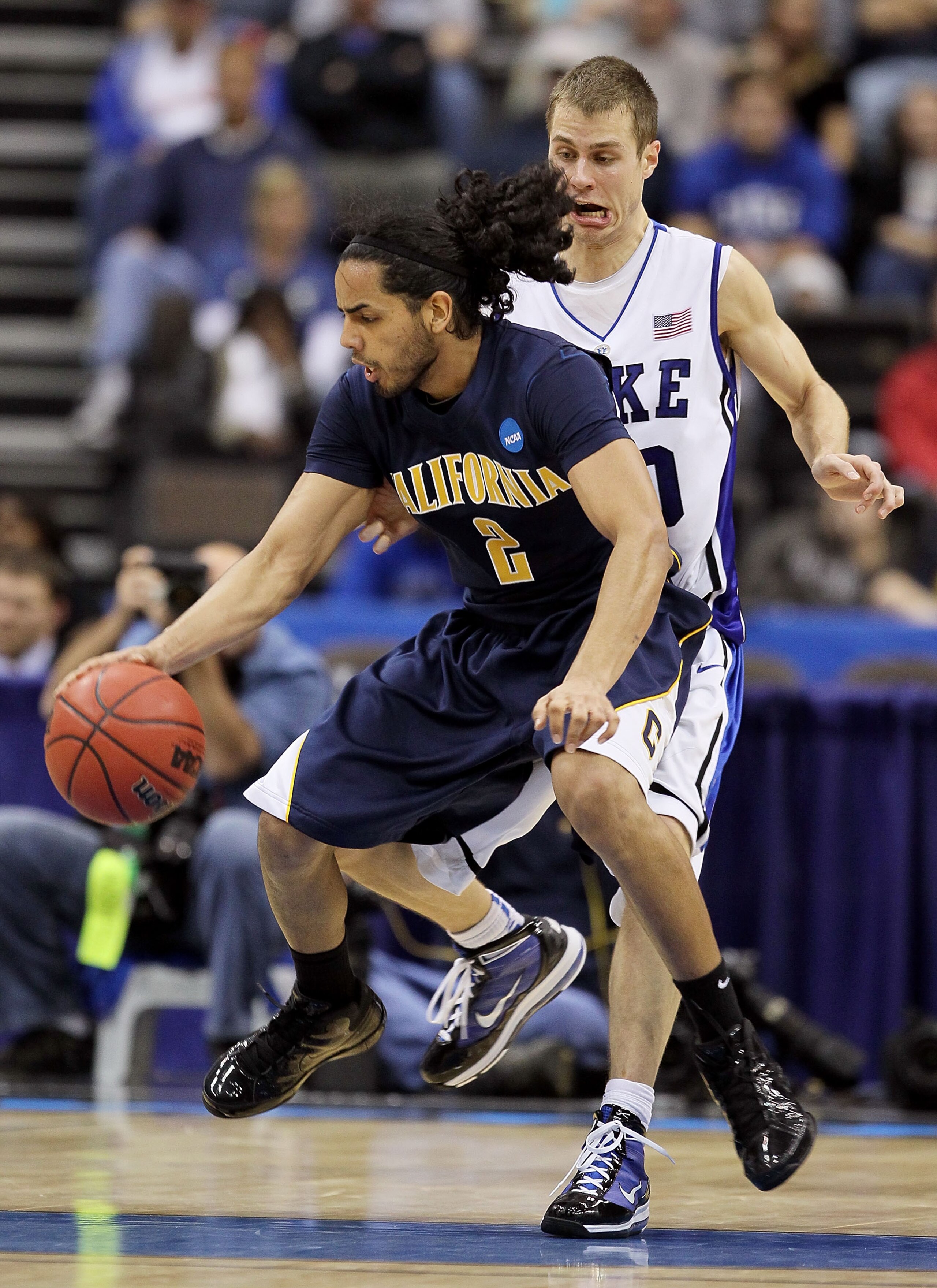 JACKSONVILLE, FL - MARCH 21:  Jon Scheyer #30 of the Duke Blue Devils stops Jorge Gutierrez #2 of the California Golden Bears during the second round of the 2010 NCAA men's basketball tournament at Jacksonville Veteran's Memorial Arena on March 21, 2010 i