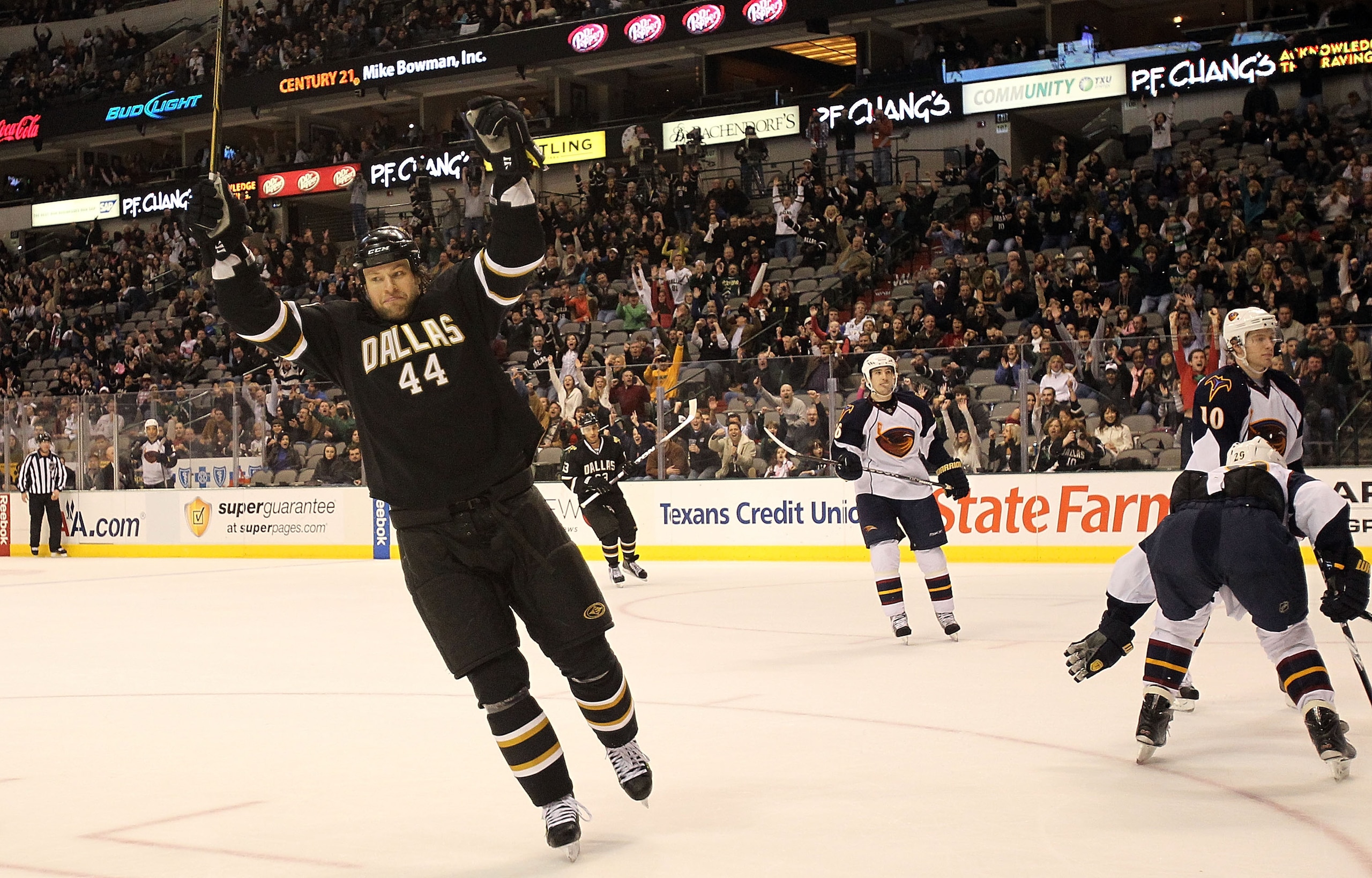 DALLAS, TX - JANUARY 15:  Jeff Woywitka of the Dallas Stars celebrates a goal against the Atlanta Thrashers at American Airlines Center on January 15, 2011 in Dallas, Texas.  (Photo by Ronald Martinez/Getty Images)
