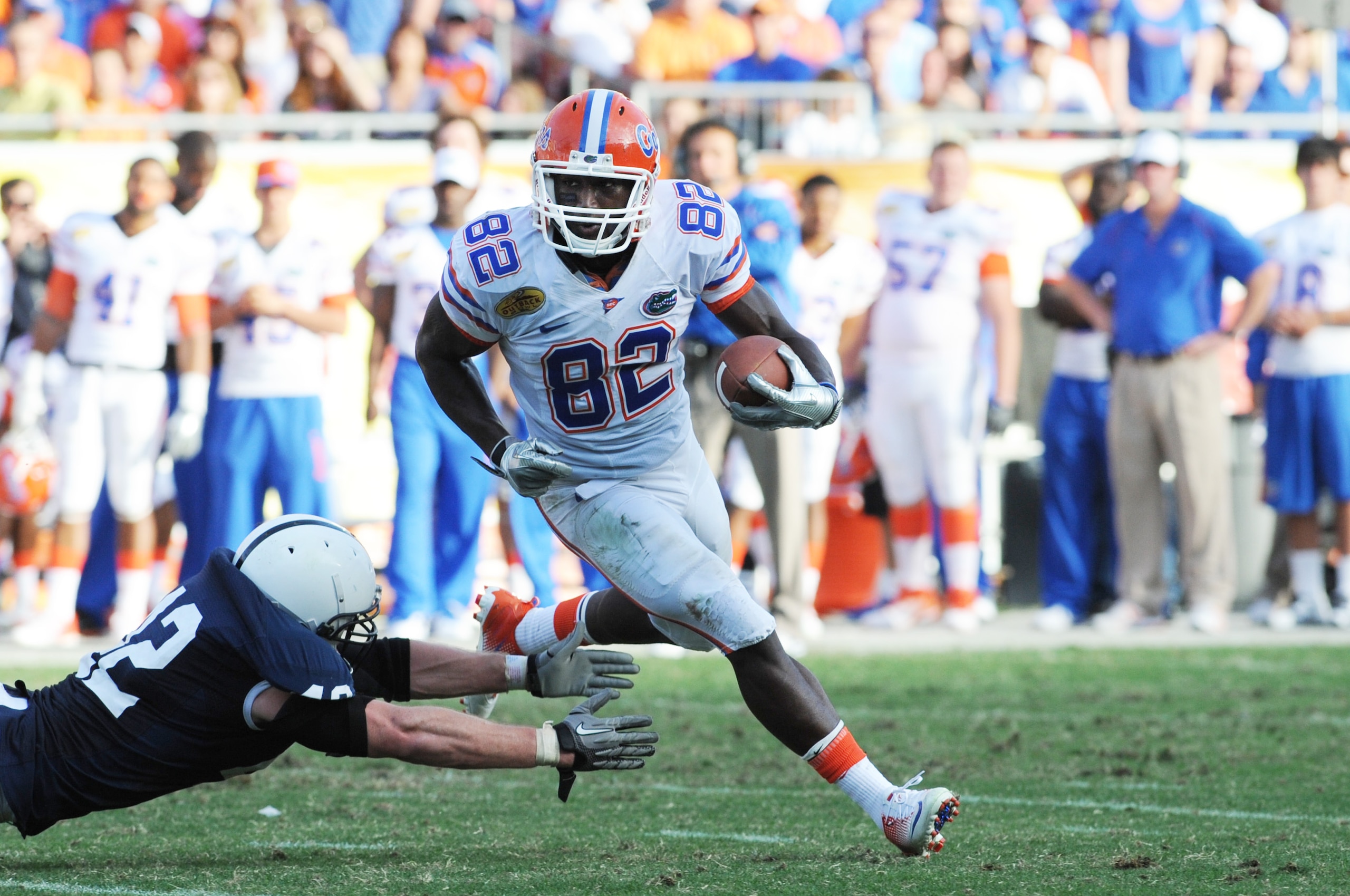 TAMPA, FL - JANUARY 1: Wide receiver Omarius Hines #82 of the Florida Gators rushes upfield against the Penn State Nittany Lions January 1, 2010 in the 25th Outback Bowl at Raymond James Stadium in Tampa, Florida. (Photo by Al Messerschmidt/Getty Images TAMPA, FL - JANUARY 1: Wide receiver Omarius Hines #82 of the Florida Gators rushes upfield against the Penn State Nittany Lions January 1, 2010 in the 25th Outback Bowl at Raymond James Stadium in Tampa, Florida. (Photo by Al Messerschmidt/Getty Images