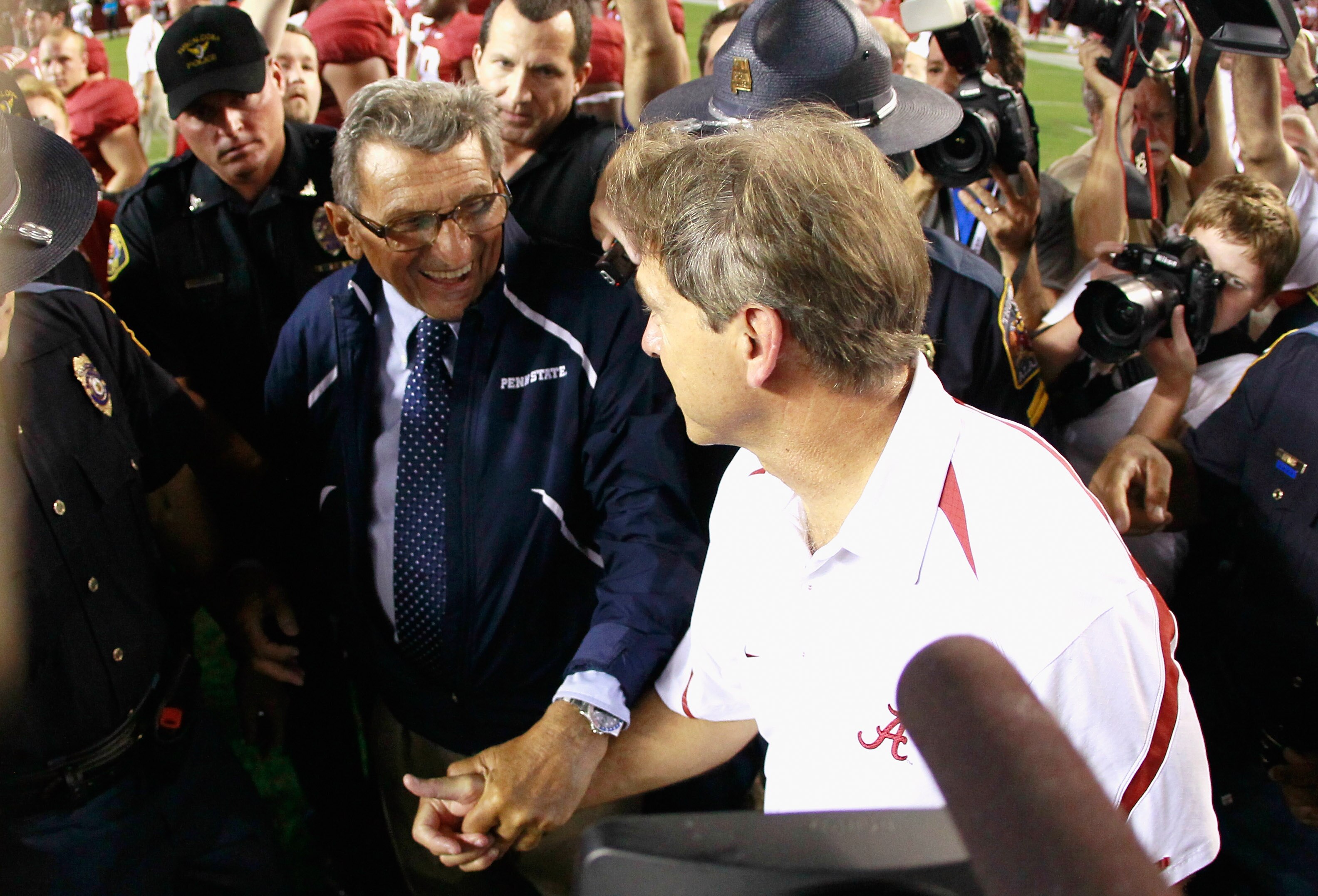 TUSCALOOSA, AL - SEPTEMBER 11:  Head coach Joe Paterno of the Penn State Nittany Lions congratulates head coach Nick Saban of the Alabama Crimson Tide during after their 24-3 loss at Bryant-Denny Stadium on September 11, 2010 in Tuscaloosa, Alabama.  (Pho