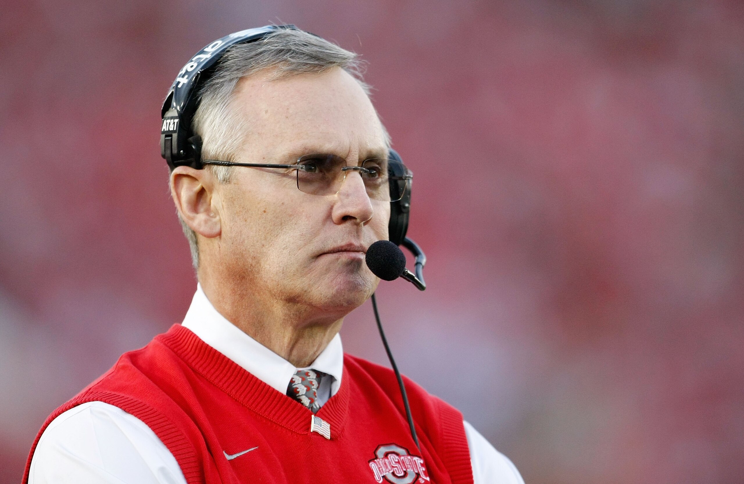 PASADENA, CA - JANUARY 01:  Head coach Jim Tressel of the Ohio State Buckeyes is seen during the 96th Rose Bowl game against the Oregon Ducks on January 1, 2010 in Pasadena, California.  (Photo by Jeff Gross/Getty Images)