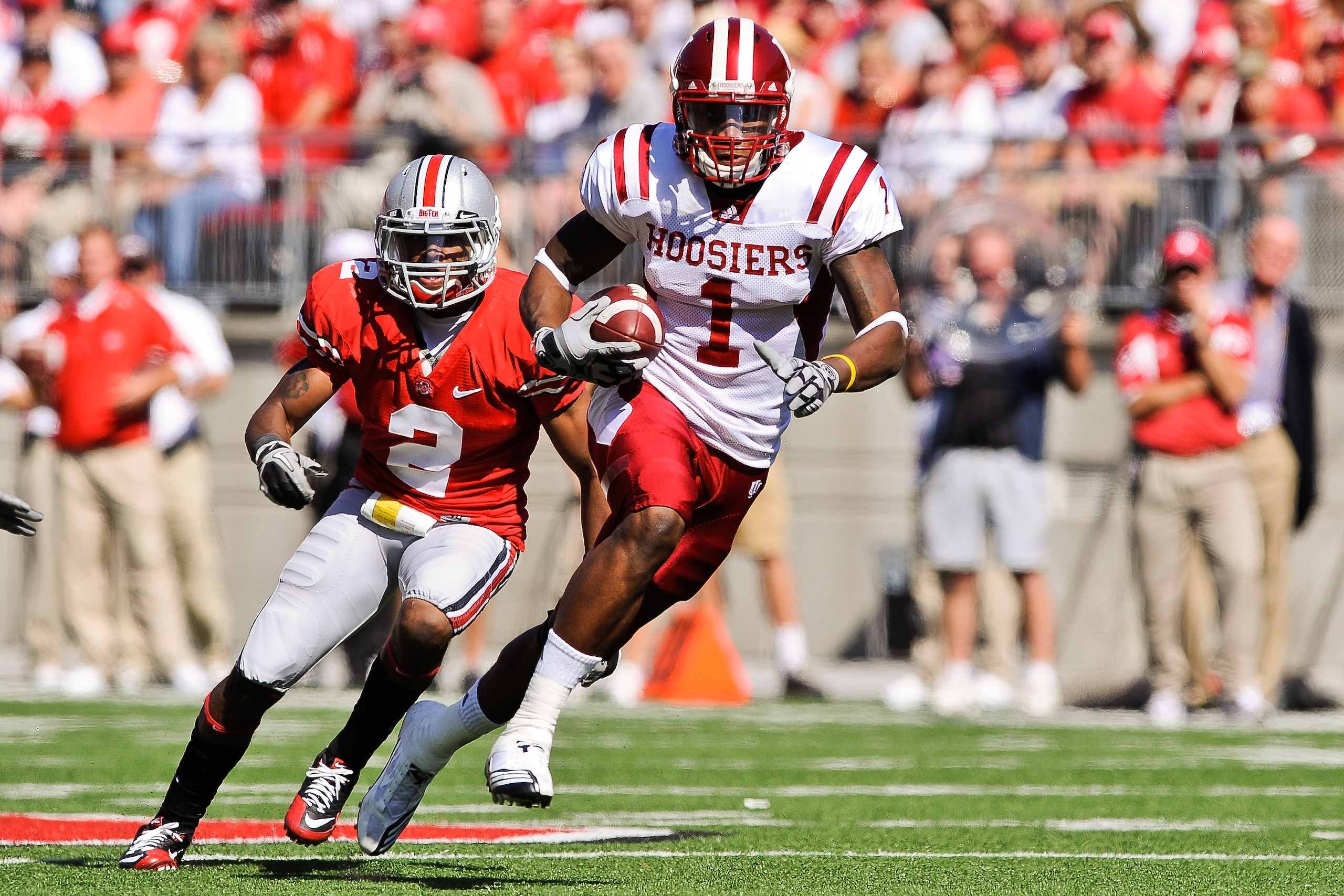 COLUMBUS, OH - OCTOBER 9: Turner Terrance #1 of the Indiana Hoosiers runs with the ball after making a catch against the Ohio State Buckeyes at Ohio Stadium on October 9, 2010 in Columbus, Ohio. (Photo by Jamie Sabau/Getty Images) COLUMBUS, OH - OCTOBER 9: Turner Terrance #1 of the Indiana Hoosiers runs with the ball after making a catch against the Ohio State Buckeyes at Ohio Stadium on October 9, 2010 in Columbus, Ohio. (Photo by Jamie Sabau/Getty Images)