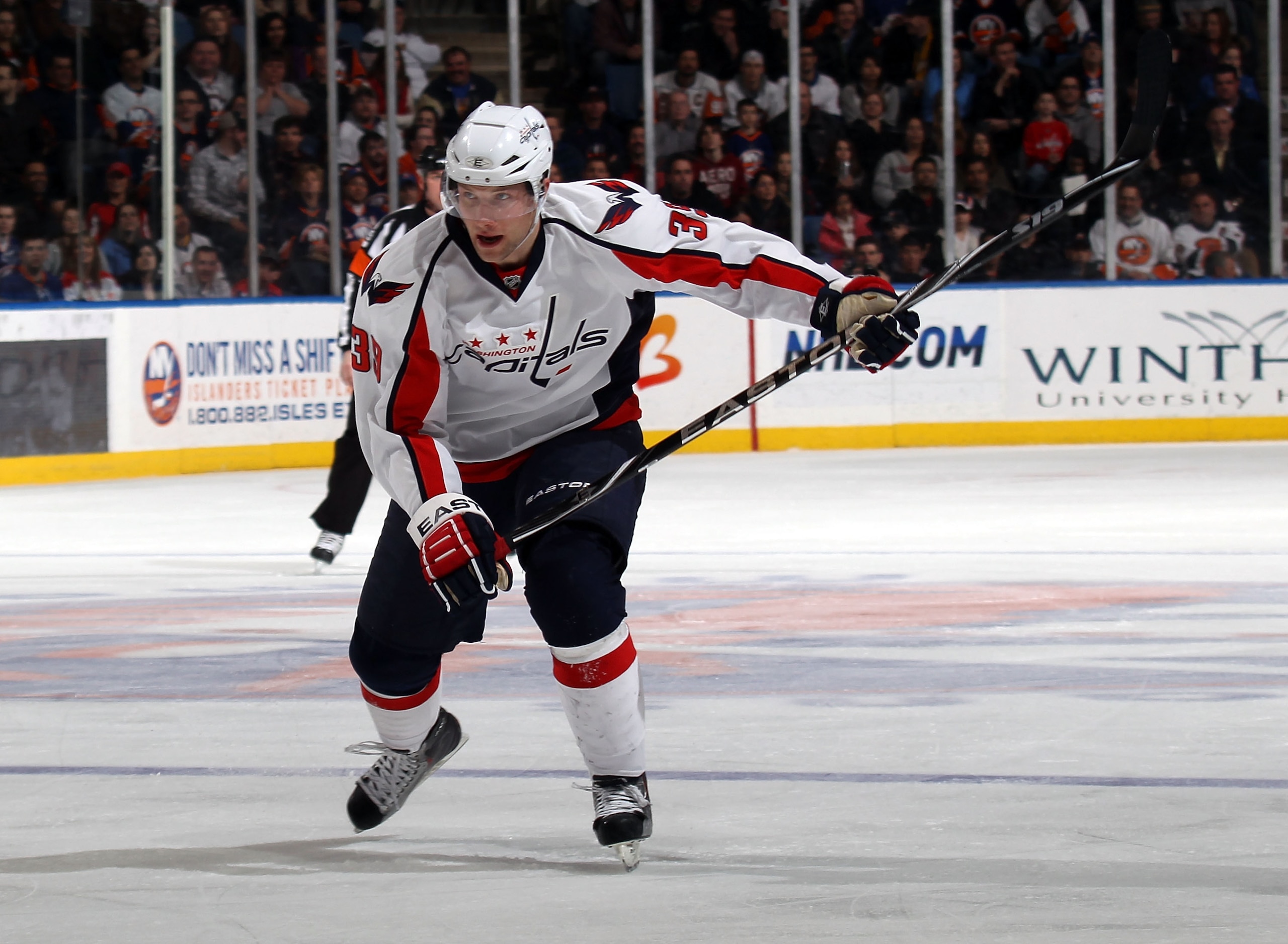 UNIONDALE, NY - FEBRUARY 26: David Steckel #39 of the Washington Capitals skates against the New York Islanders at the Nassau Coliseum on February 26, 2011 in Uniondale, New York. The Capitals defeated the Islanders 3-2.  (Photo by Bruce Bennett/Getty Ima