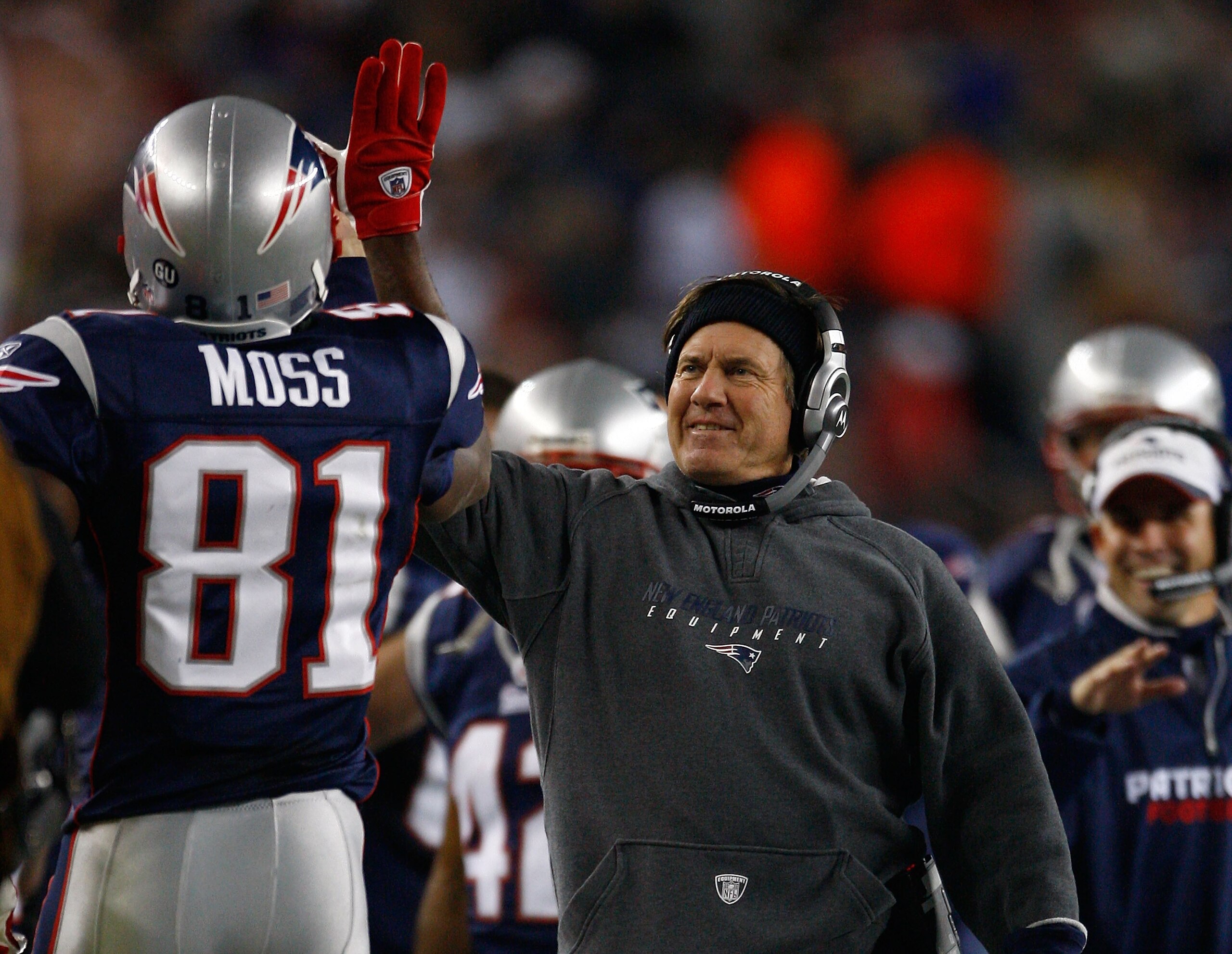 FOXBORO, MA - OCTOBER 20:  Coach Bill Belichick celebrates after a second touchdown by Randy Moss #81 of the New England Patriots at Gillette Stadium on October 20, 2008 in Foxboro, Massachusetts. The Patriots won 41-7. (Photo by Jim Rogash/Getty Images)