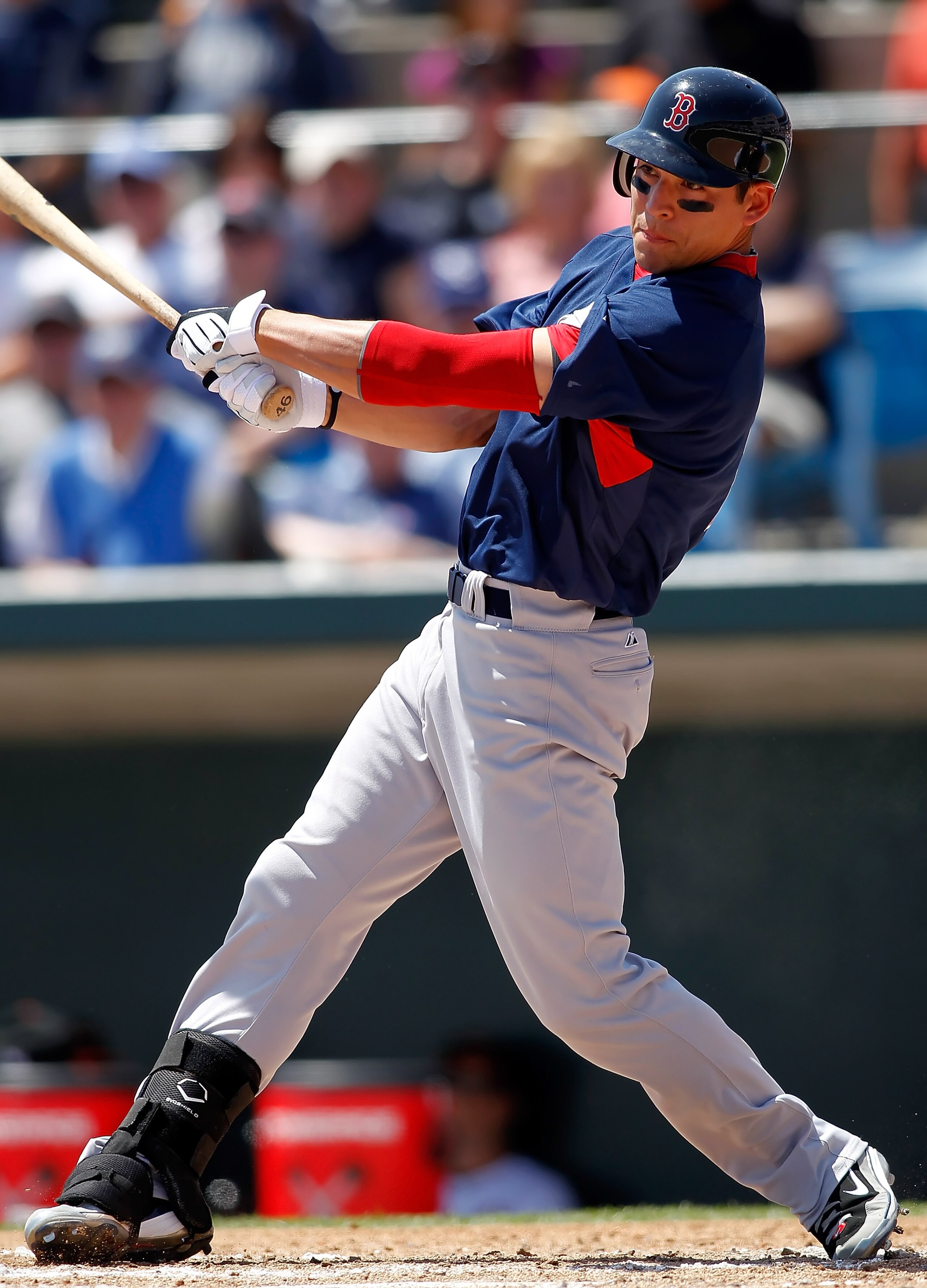 SARASOTA, FL - MARCH 27:  Outfielder Jacoby Ellsbury #2 of the Boston Red Sox  fouls off a pitch against the Baltimore Orioles during a Grapefruit League Spring Training Game at Ed Smith Stadium on March 27, 2010 in Sarasota, Florida.  (Photo by J. Meric/