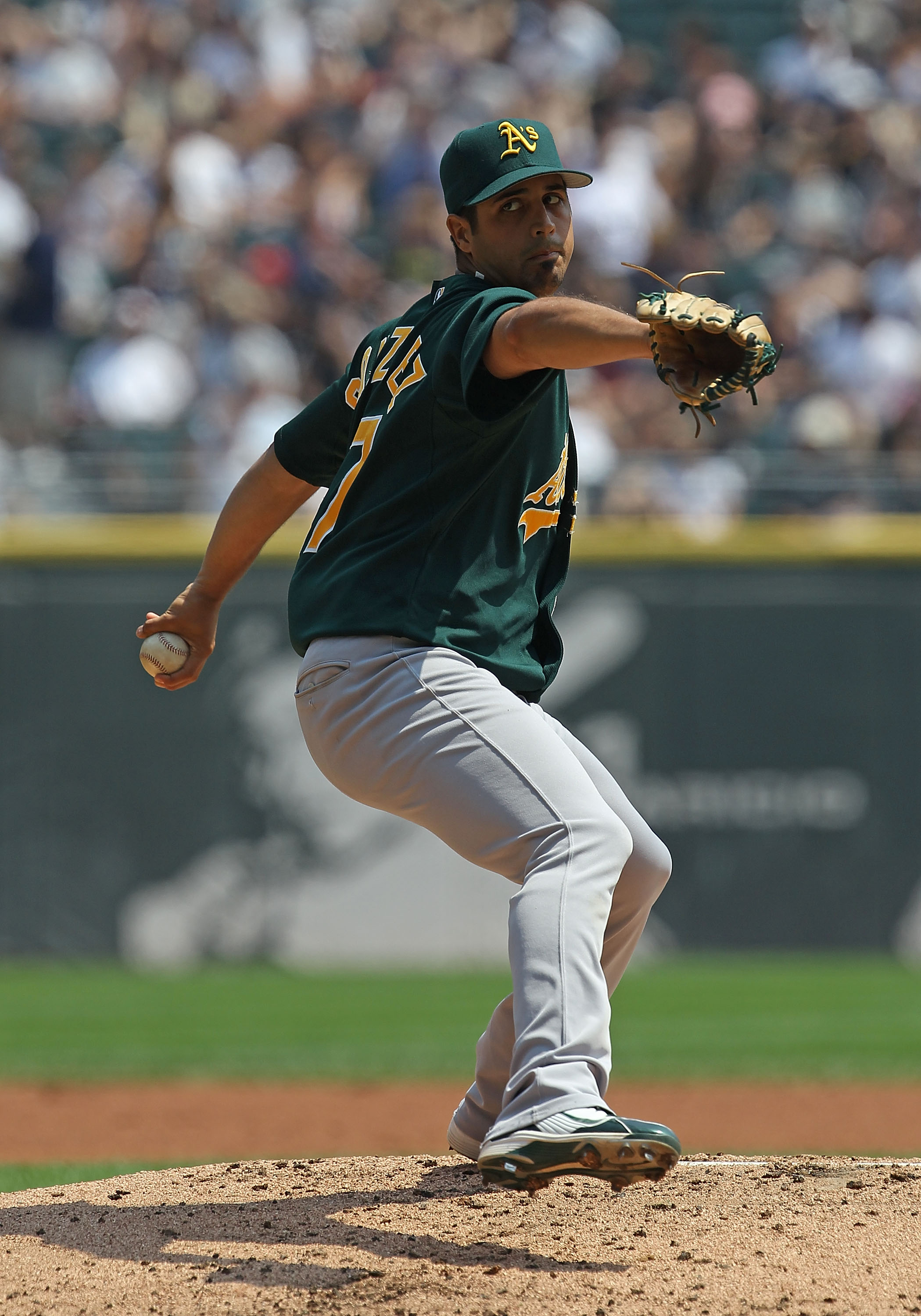 CHICAGO - AUGUST 01: Starting pitcher Gio Gonzalez #47 of the Oakland Athletics delivers the ball against the Chicago White Sox at U.S. Cellular Field on August 1, 2010 in Chicago, Illinois. The White Sox defeated the Athletics 4-1. (Photo by Jonathan Dan
