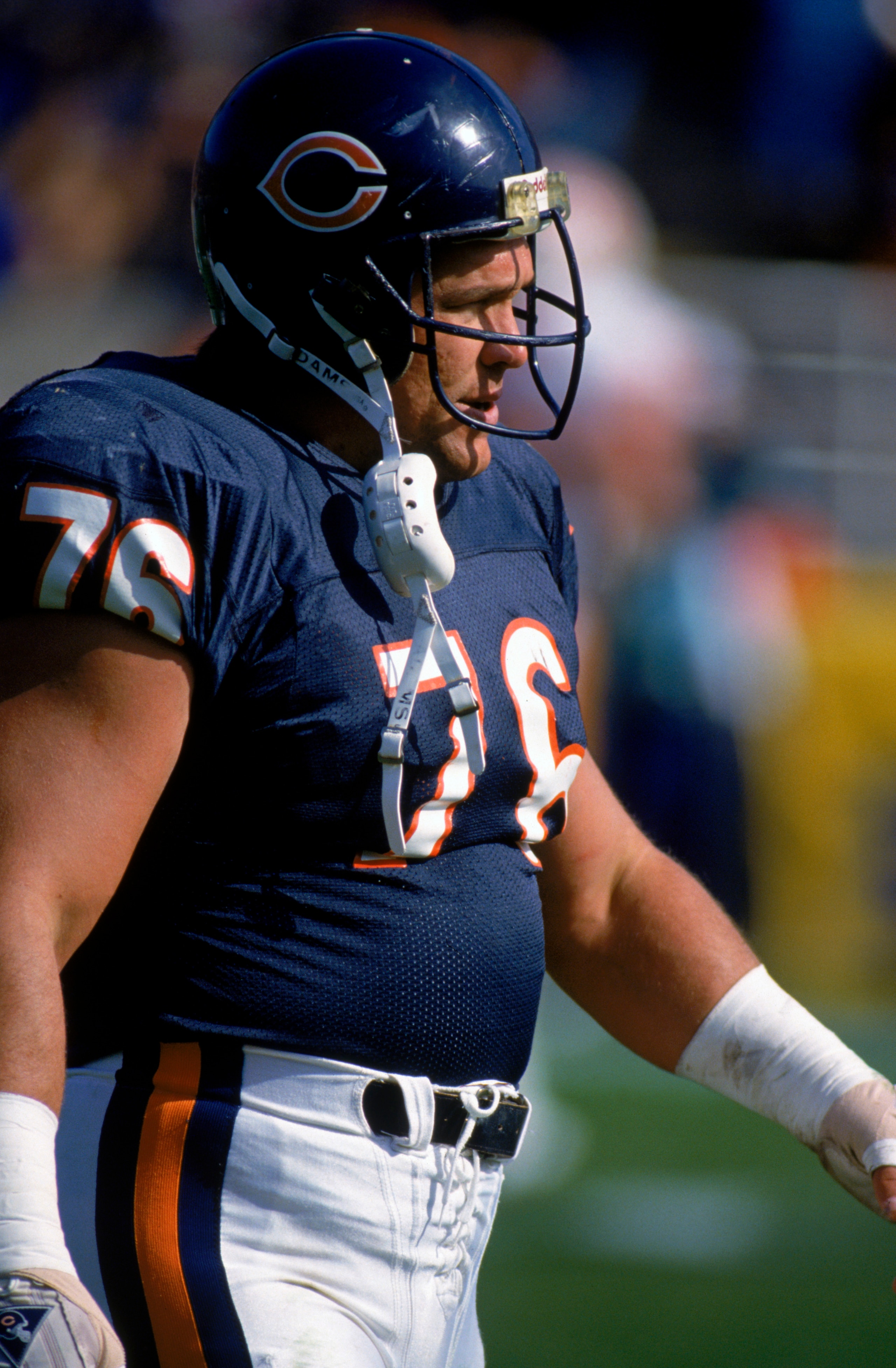 CHICAGO - OCTOBER 18:  Steve McMichael #76 of the Chicago Bears walks across the field during the game against the Milwaukee Bucks on October 18, 1992 in Chicago, Illinois. The Bears won 14-31. (Photo by Jonathan Daniel/Getty Images)