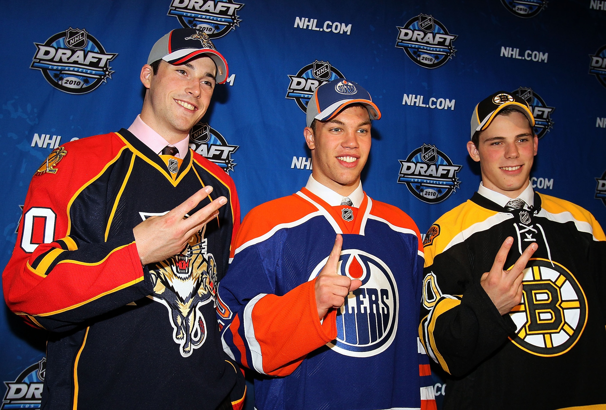 LOS ANGELES, CA - JUNE 25:  (L-R) Erik Gudbranson, drafted third overall by the Florida Panthers, Taylor Hall, drafted #1 overall by the Edmonton Oilers and Tyler Seguin, drafted second overall by the Boston Bruins pose during the 2010 NHL Entry Draft at