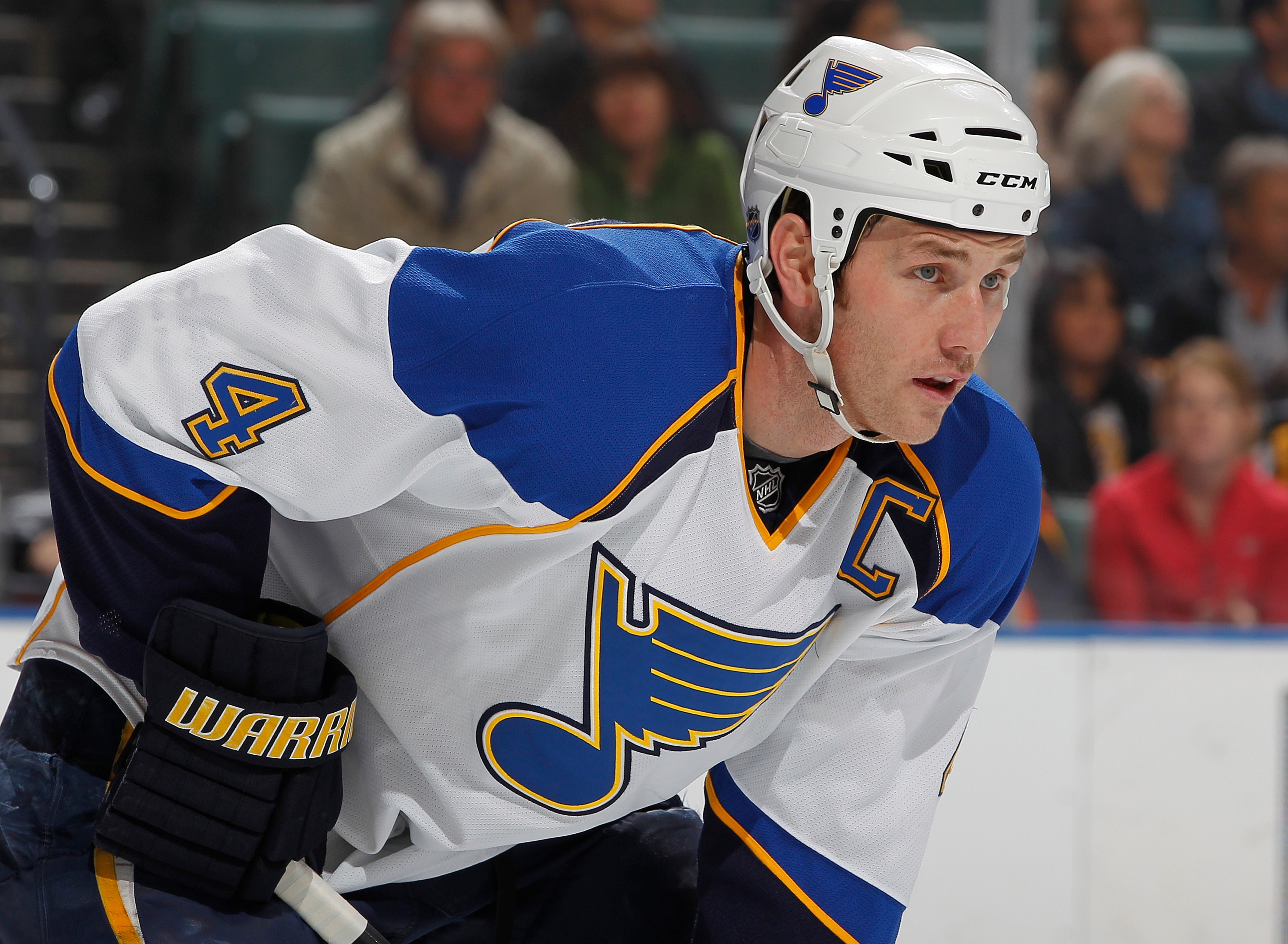 SUNRISE, FL - FEBRUARY 8: Eric Brewer #4 of the St. Louis Blues waits for a face off against the Florida Panthers on February 8, 2011 at the BankAtlantic Center in Sunrise, Florida. The Blues defeated the Panthers 2-1. (Photo by Joel Auerbach/Getty Images SUNRISE, FL - FEBRUARY 8: Eric Brewer #4 of the St. Louis Blues waits for a face off against the Florida Panthers on February 8, 2011 at the BankAtlantic Center in Sunrise, Florida. The Blues defeated the Panthers 2-1. (Photo by Joel Auerbach/Getty Images