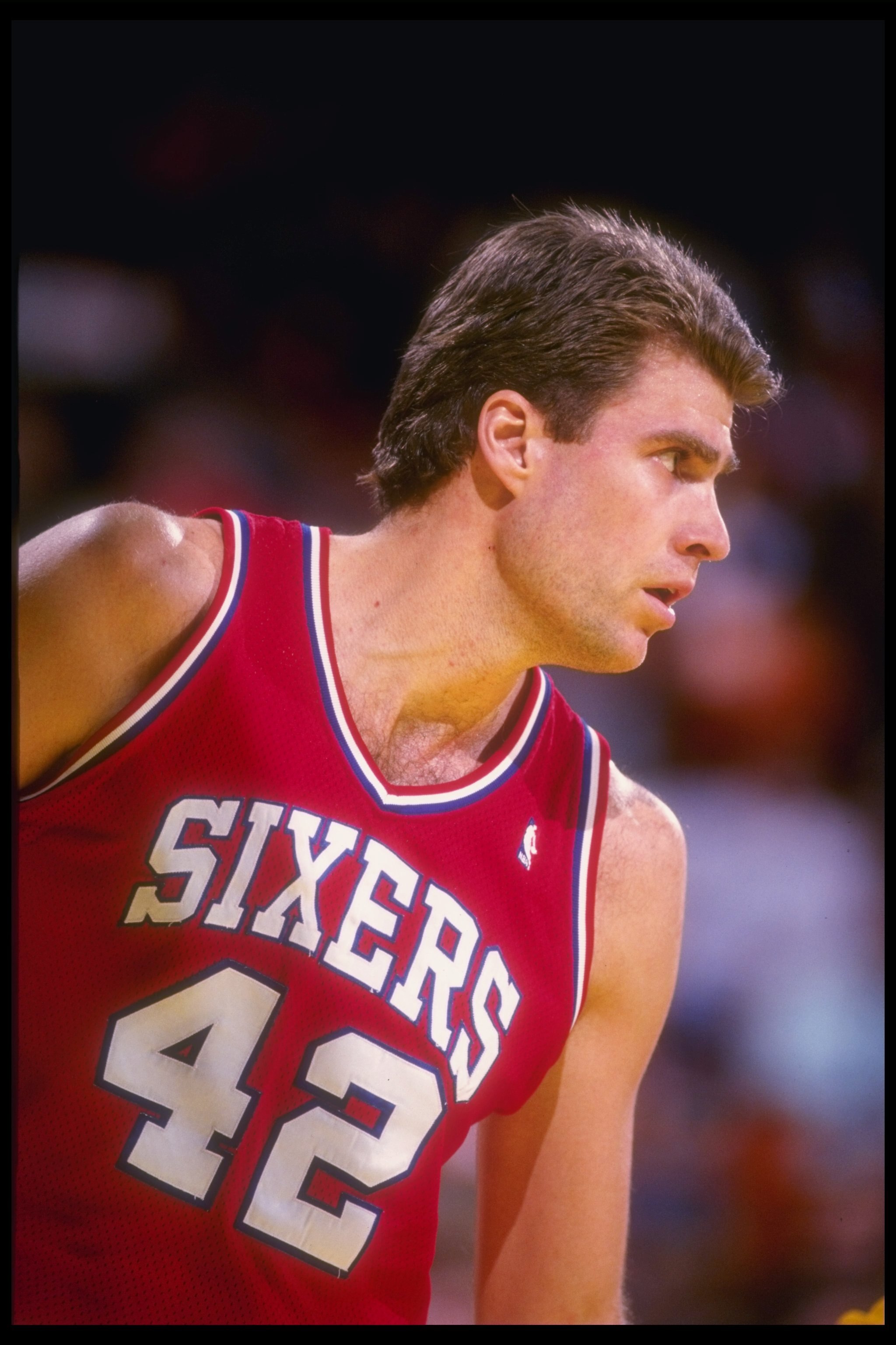 30 Dec 1990: Center Mike Gminski of the Philadelphia 76ers looks on during a game against the Los Angeles Lakers at the CoreStates Spectrum in Inglewood, California. The Lakers won the game, 115-107.