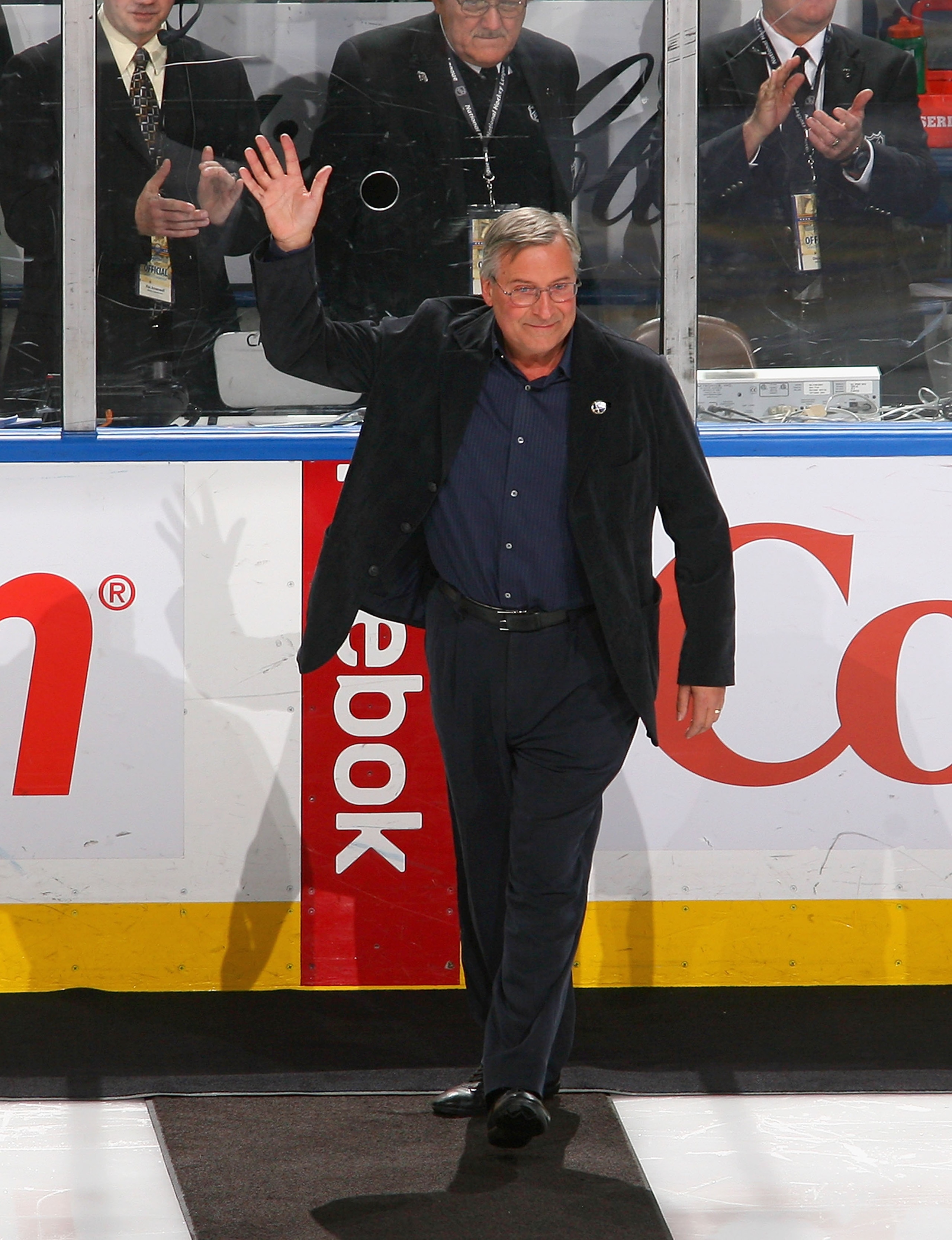 BUFFALO, NY - FEBRUARY 23:  New Buffalo Sabres owner Terry Pegula walks onto the ice during pre game ceremonies prior to play against the Atlanta Thrashers at HSBC Arena on February 23, 2011 in Buffalo, New York.  (Photo by Rick Stewart/Getty Images)