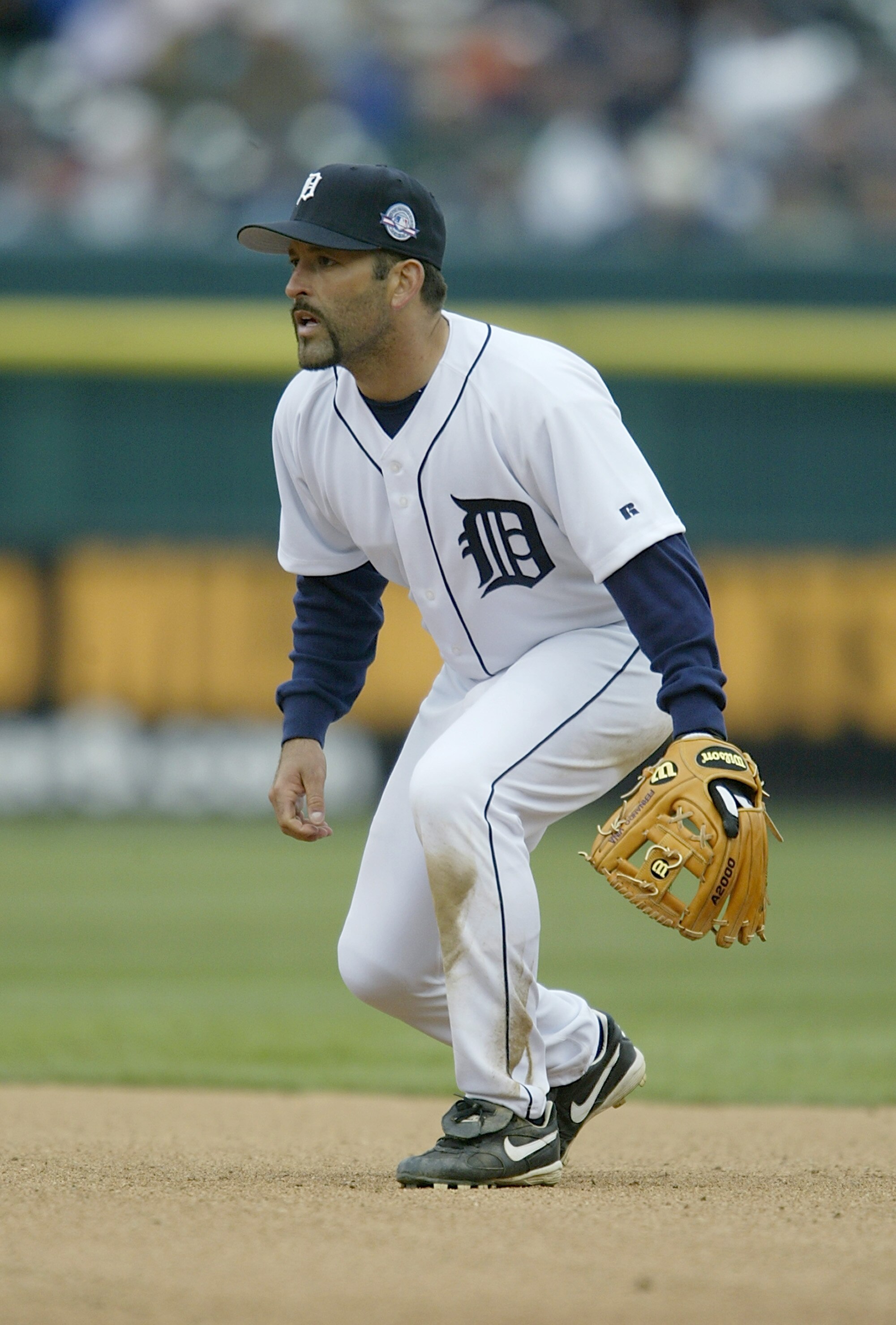 DETROIT - APRIL 8:  Fernando Vina #10 of the Detroit Tigers crouches into his defensive position on  during the game against the Minnesota Twins on opening day at Comerica Park on April 8, 2004 in Detroit, Michigan.  The Tigers won 10-6. (Photo by Tom Pid
