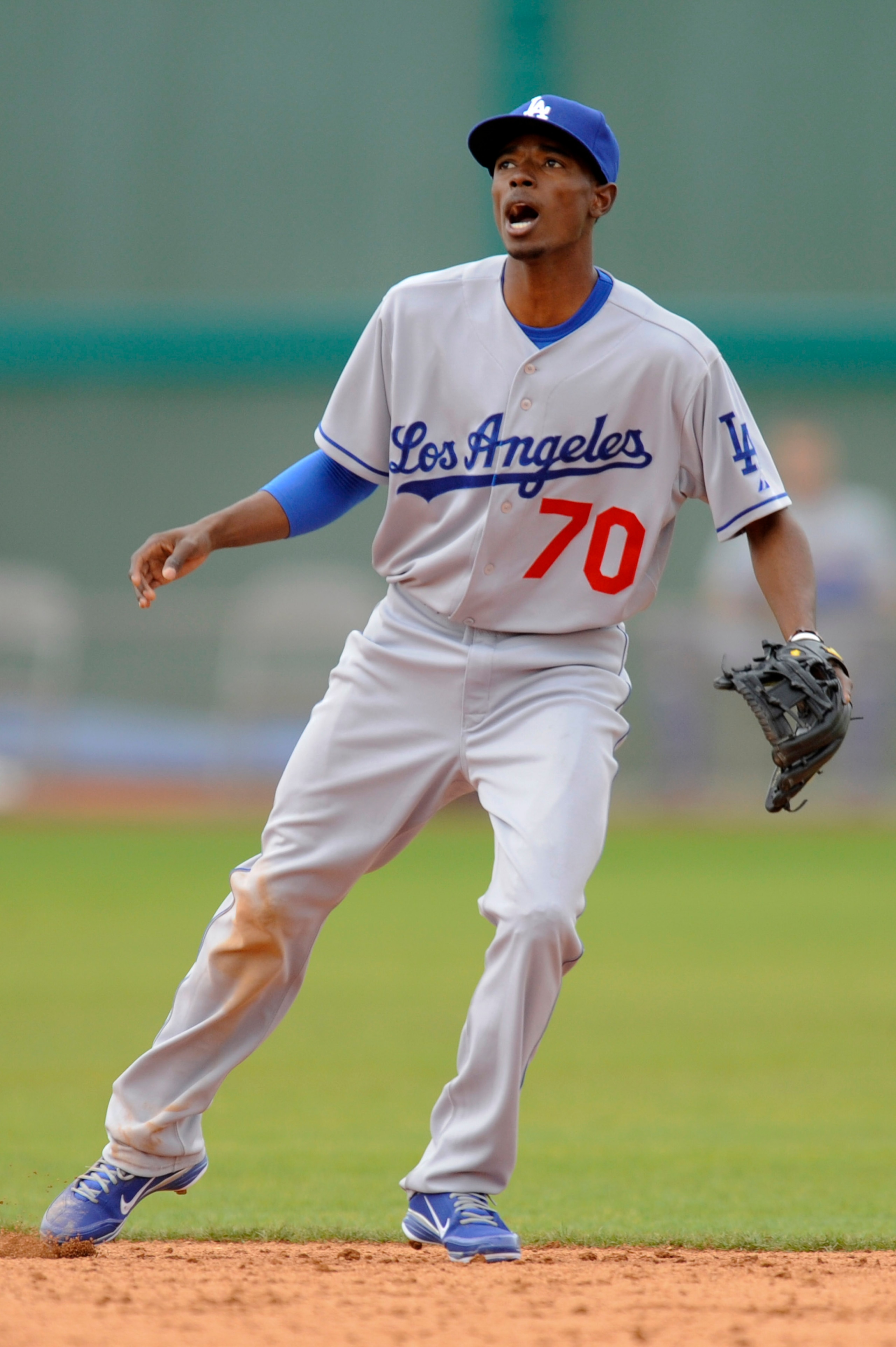SCOTTSDALE, AZ - FEBRUARY 26: Dee Gordon #70 of the Los Angeles Dodgers defends his position during a spring training game against the San Francisco Giants at Scottsdale Stadium on February 26, 2011 in Scottsdale, Arizona. (Photo by Rob Tringali/Getty Ima SCOTTSDALE, AZ - FEBRUARY 26: Dee Gordon #70 of the Los Angeles Dodgers defends his position during a spring training game against the San Francisco Giants at Scottsdale Stadium on February 26, 2011 in Scottsdale, Arizona. (Photo by Rob Tringali/Getty Ima