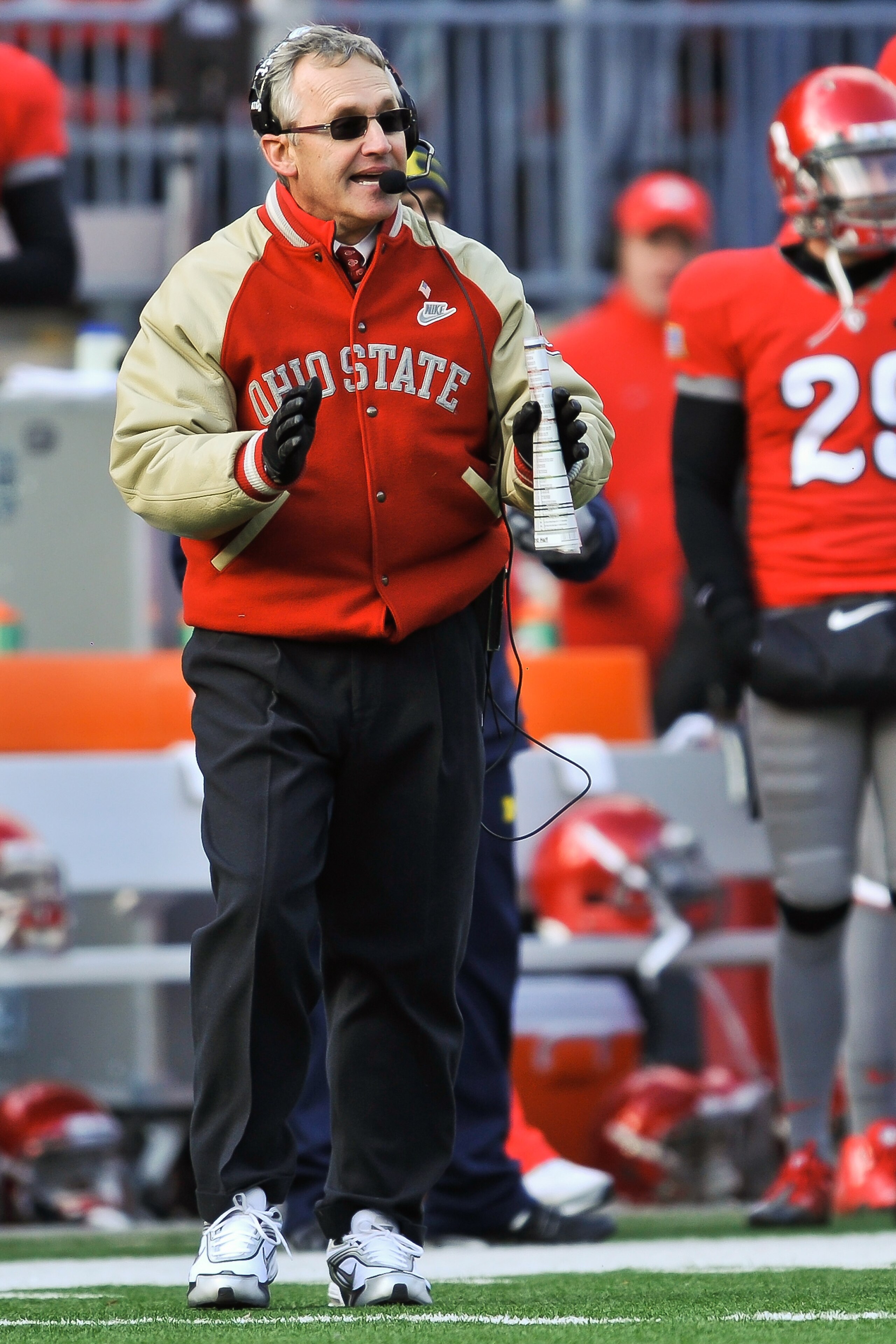 COLUMBUS, OH - NOVEMBER 27:  Head Coach Jim Tressel of the Ohio State Buckeyes watches from the sideline as his team plays the Michigan Wolverines at Ohio Stadium on November 27, 2010 in Columbus, Ohio.  (Photo by Jamie Sabau/Getty Images)
