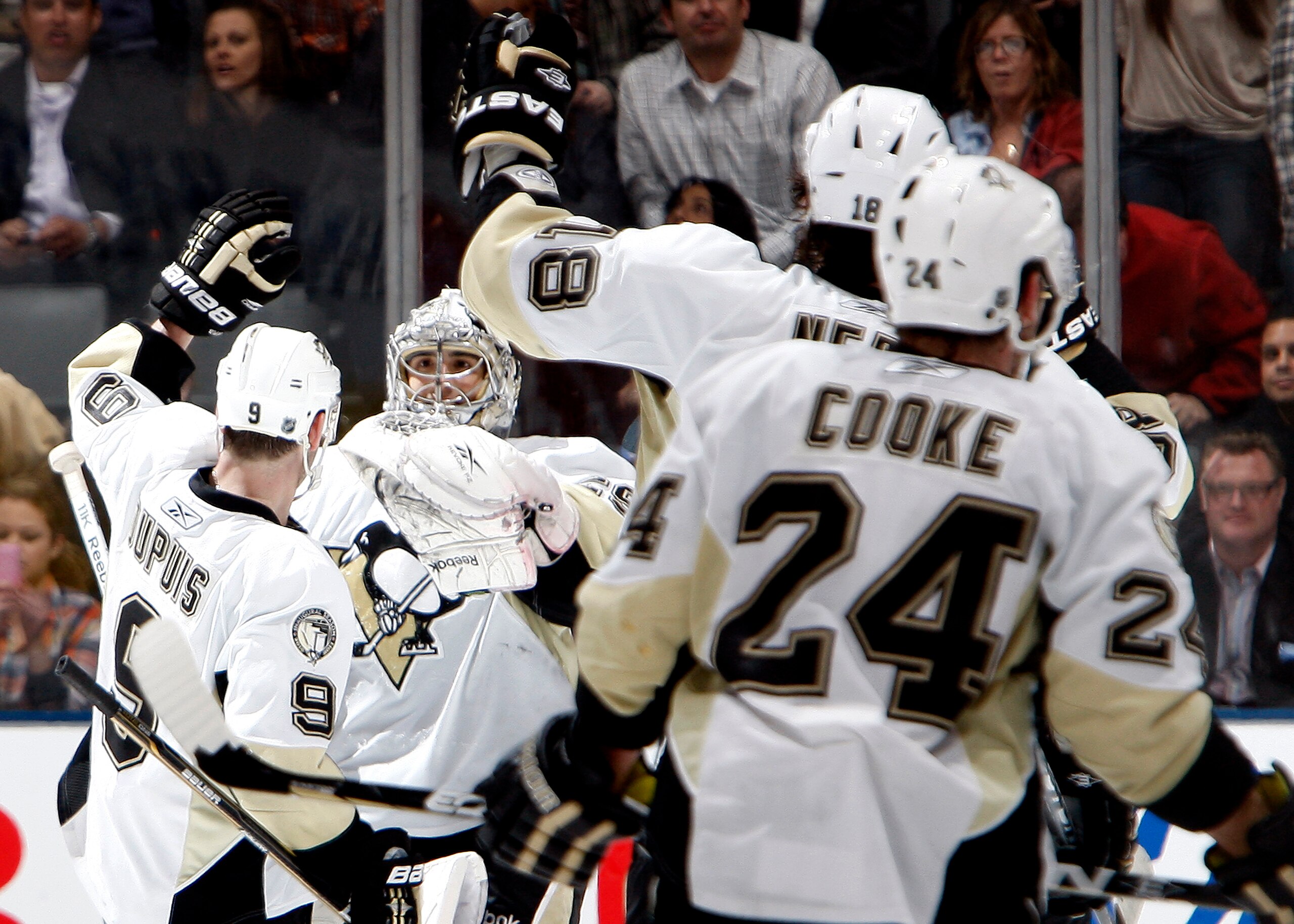 TORONTO, CANADA - FEBRUARY 26: The Pittsburgh Penguins celebrate Shootout win against the Toronto Maple Leafs during game action at the Air Canada Centre February 26, 2011 in Toronto, Ontario, Canada. (Photo by Abelimages/Getty Images)