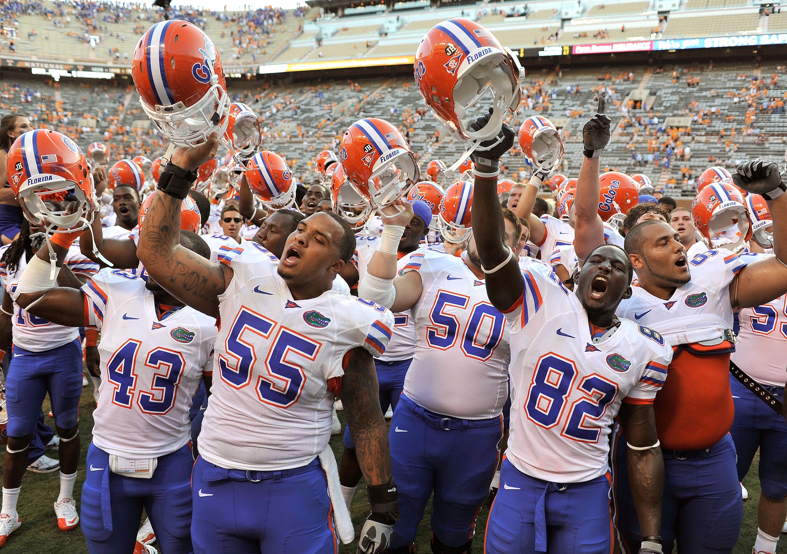 KNOXVILLE, TN - SEPTEMBER 18: Florida Gators sing the alma mater after a game against the Tennessee Volunteers at Neyland Stadium on September 18, 2010 in Knoxville, Tennessee. Florida won 31-17.  (Photo by Grant Halverson/Getty Images)