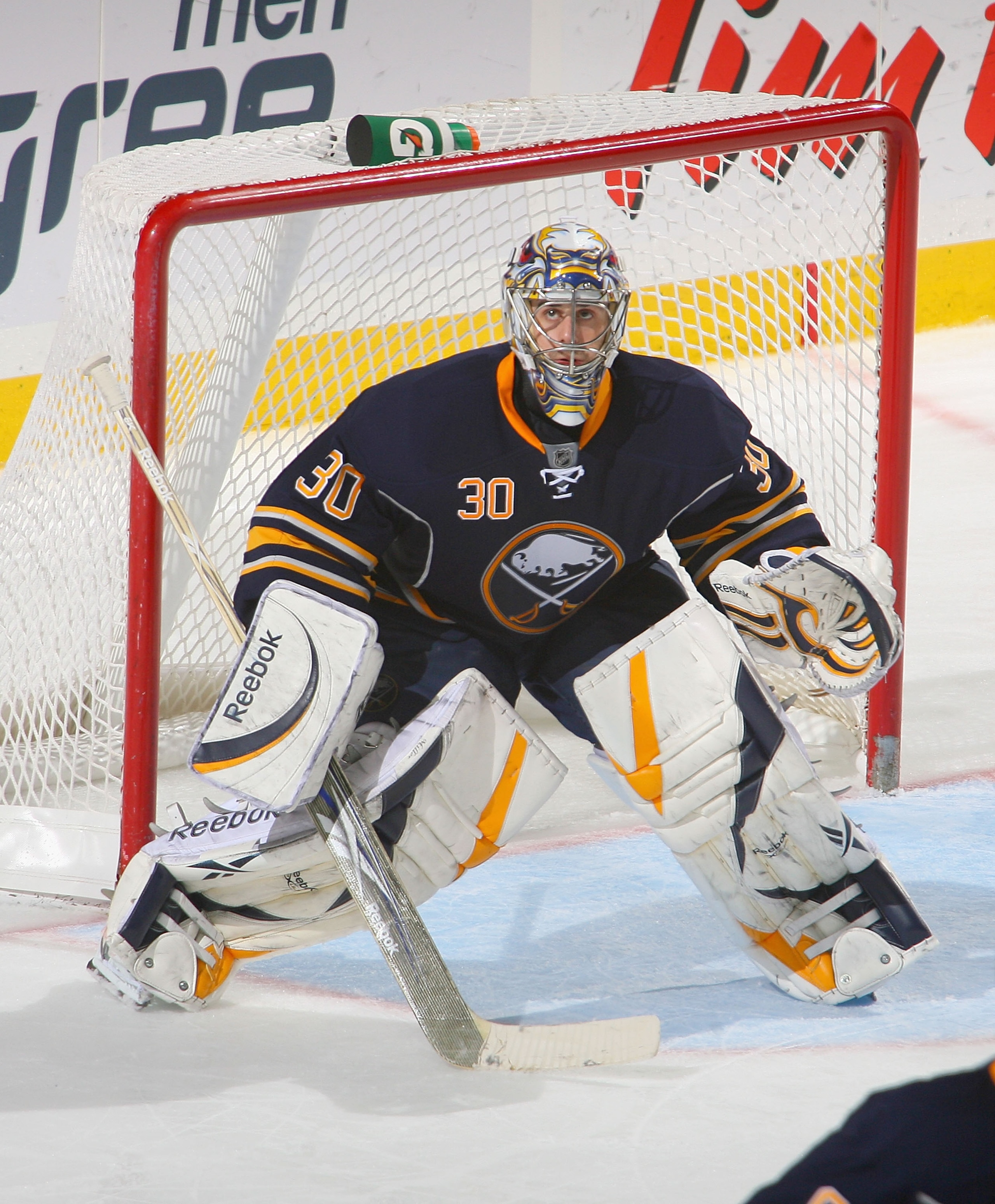 BUFFALO, NY - NOVEMBER 15:  Ryan Miller #30 of the Buffalo Sabres stands in goal against the Vancouver Canucks at HSBC Arena on November 15, 2010 in Buffalo, New York.Buffalo won 4-3 in overtime.  (Photo by Rick Stewart/Getty Images)