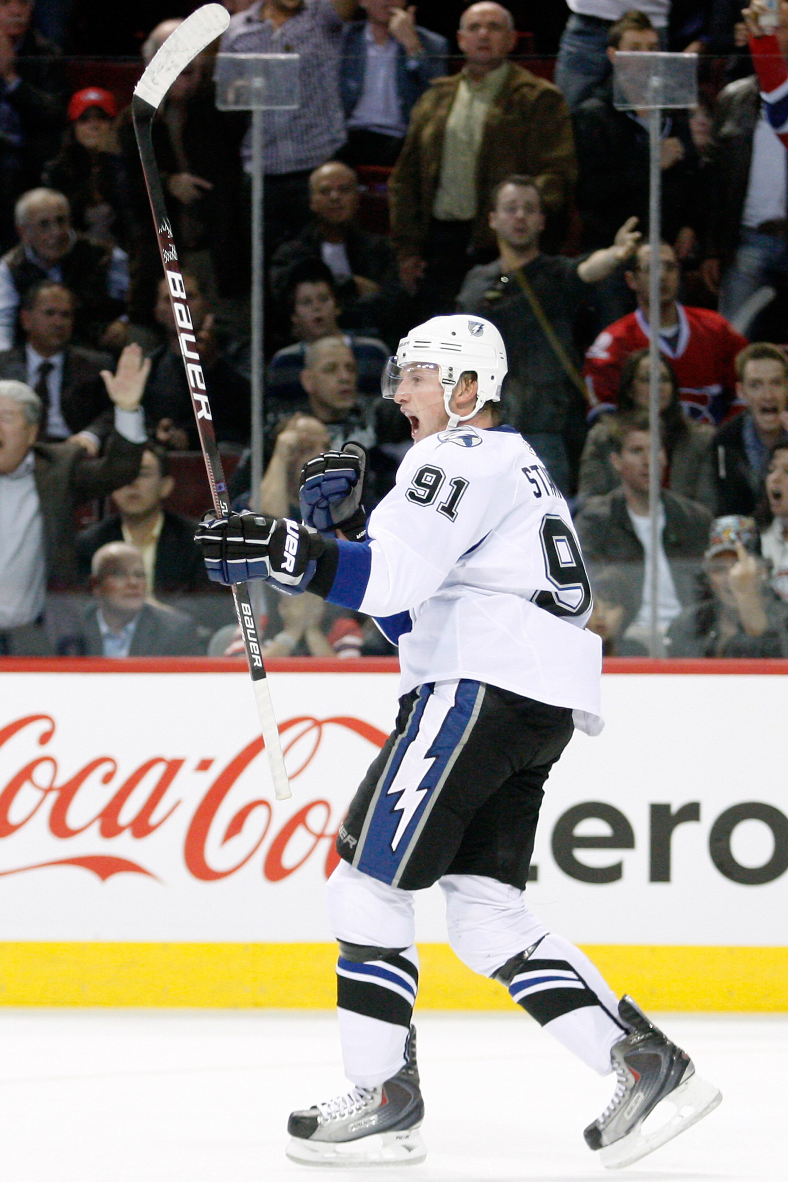 MONTREAL, CANADA - OCTOBER 13:  Steven Stamkos #91 of the Tampa Bay Lightning celebrates his third period goal during the NHL game against the Montreal Canadiens at the Bell Centre on October 13, 2010 in Montreal, Quebec, Canada.   The Lightning defeated