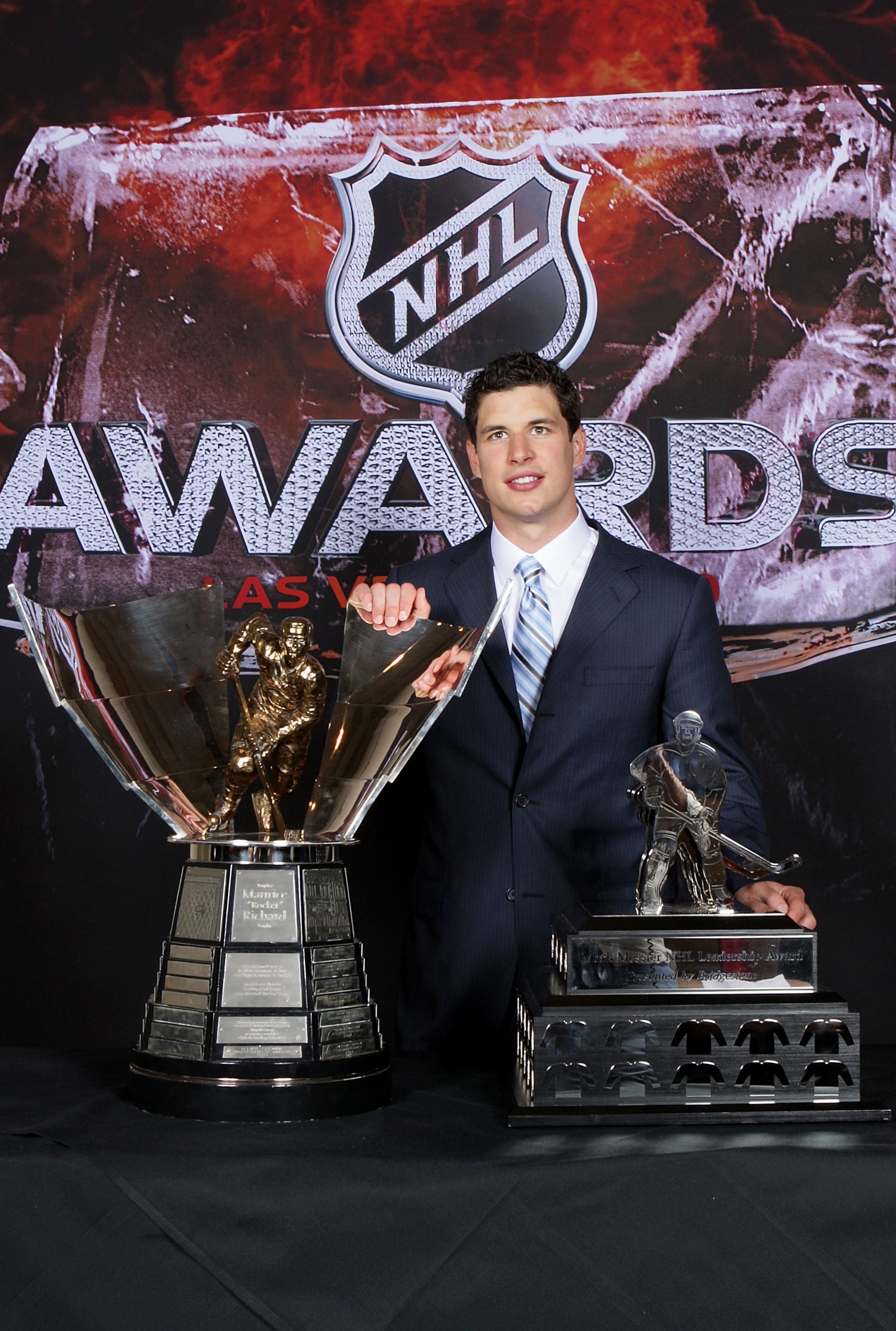 LAS VEGAS - JUNE 23:  Sidney Crosby of the Pittsburgh Penguins poses for a portrait with the Maurice Richard Trophy and the Mark Messier NHL Leadership Award during the 2010 NHL Awards at the Palms Casino Resort on June 23, 2010 in Las Vegas, Nevada.  (Ph