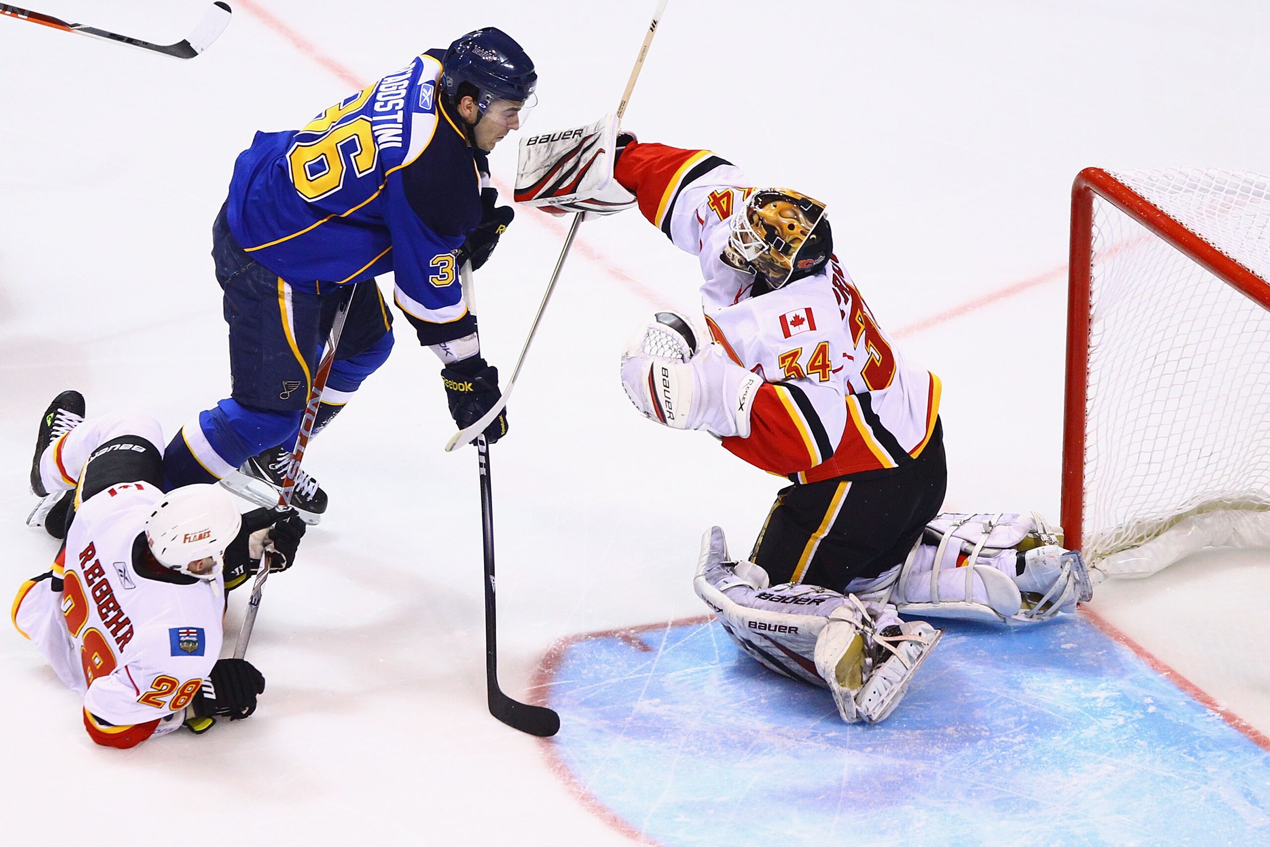 ST. LOUIS, MO - MARCH 1: Miikka Kiprusoff #34 of the Calgary Flames makes a save against Matt D'Agostini #36 of the St. Louis Blues at the Scottrade Center on March 1, 2011 in St. Louis, Missouri.  (Photo by Dilip Vishwanat/Getty Images)