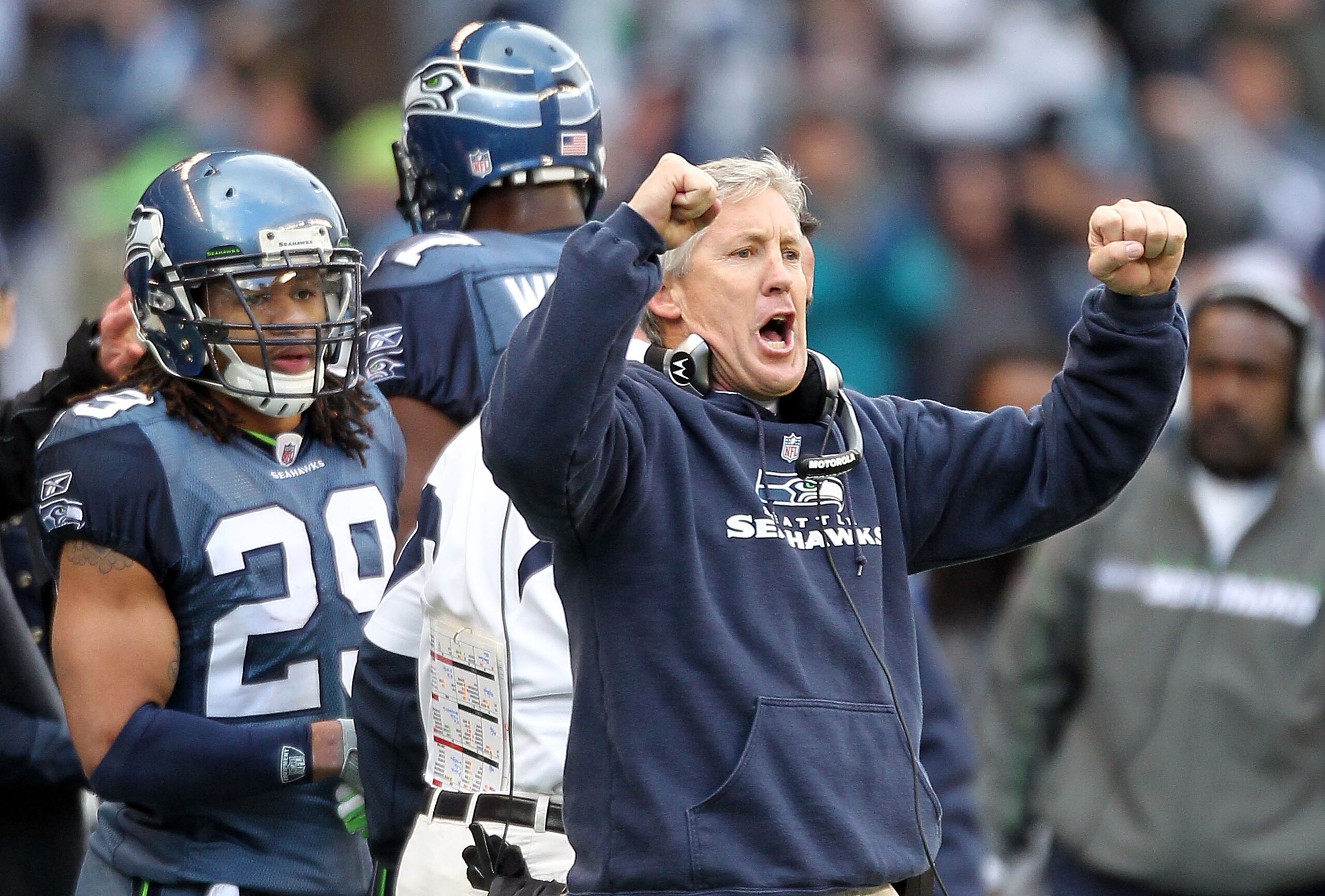 SEATTLE, WA - JANUARY 08:  Head coach Pete Carroll of the Seattle Seahawks reacts in the second quarter against the New Orleans Saints during the 2011 NFC wild-card playoff game at Qwest Field on January 8, 2011 in Seattle, Washington.  (Photo by Otto Gre