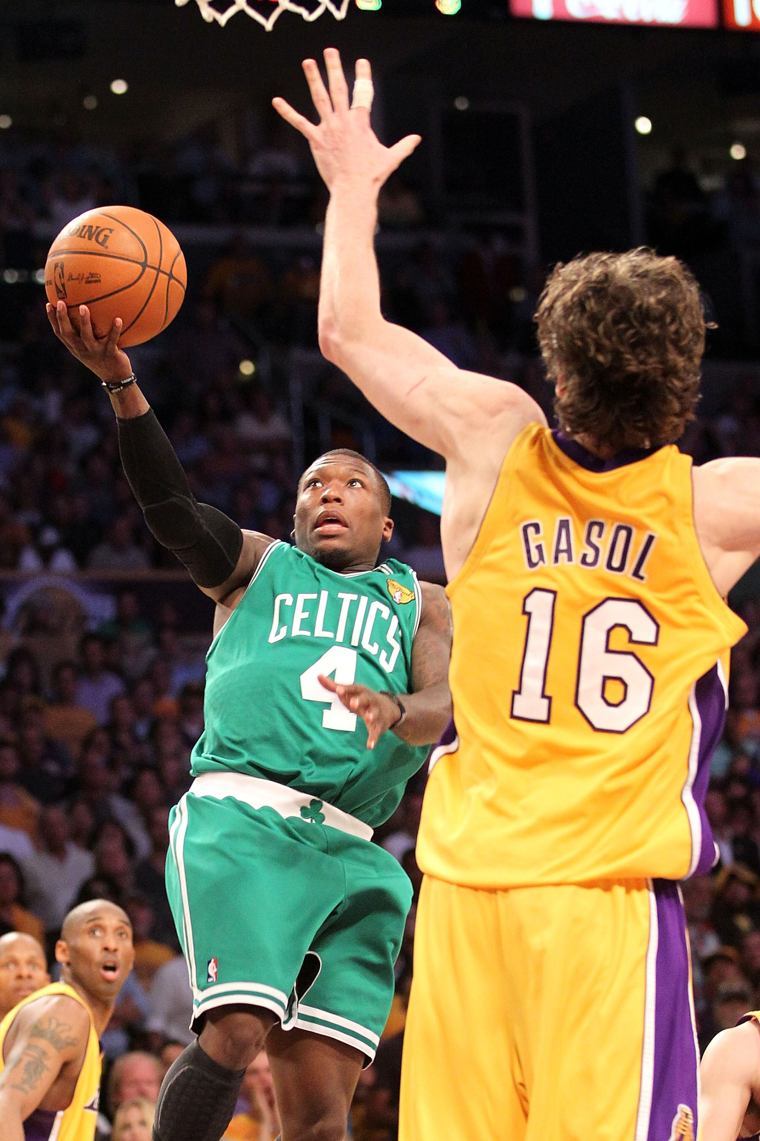 LOS ANGELES, CA - JUNE 17:  Nate Robinson #4 of the Boston Celtics goes up for a shot against Pau Gasol #16 of the Los Angeles Lakers in Game Seven of the 2010 NBA Finals at Staples Center on June 17, 2010 in Los Angeles, California.  NOTE TO USER: User e