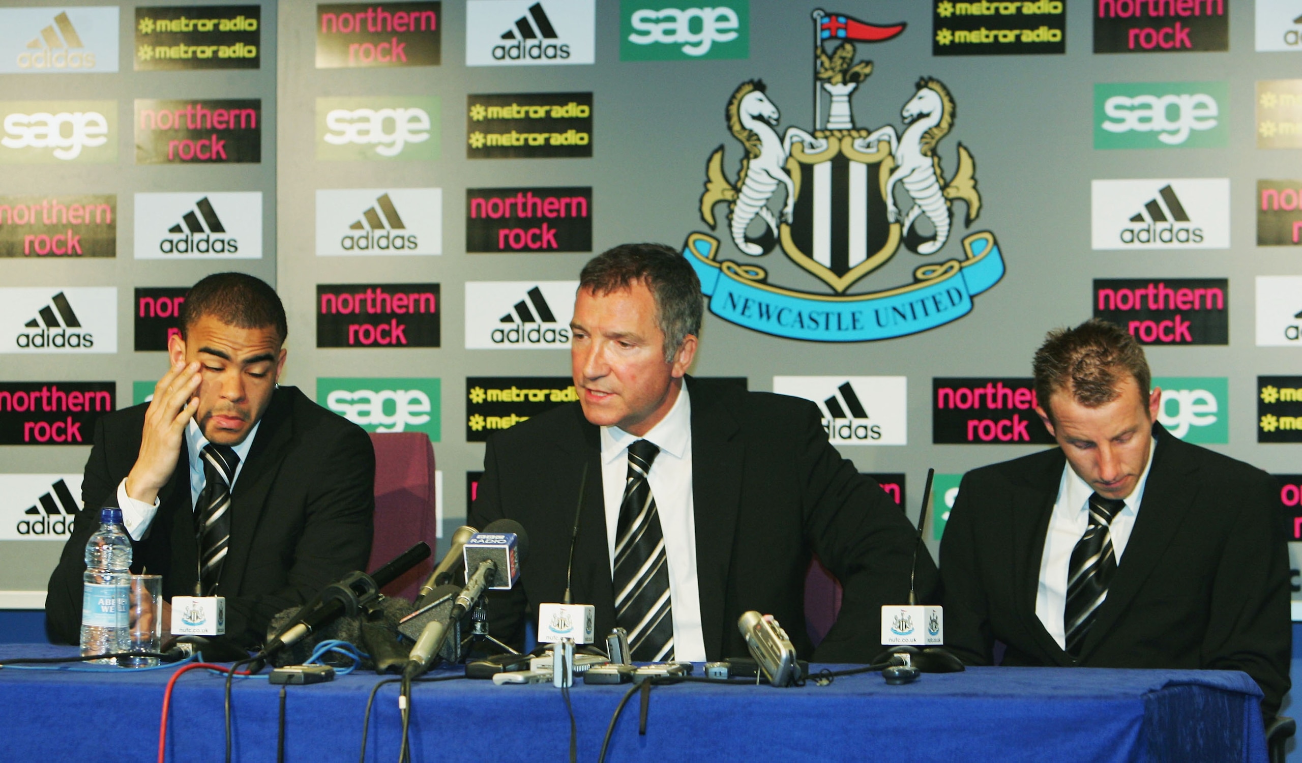 NEWCASTLE, ENGLAND - APRIL 2 : Kieron Dyer and Lee Bowyer apologise for their behaviour as they attend a post match press conference with manager Graeme Souness, after the FA Barclays Premiership match between Newcastle United and Aston Villa at St James