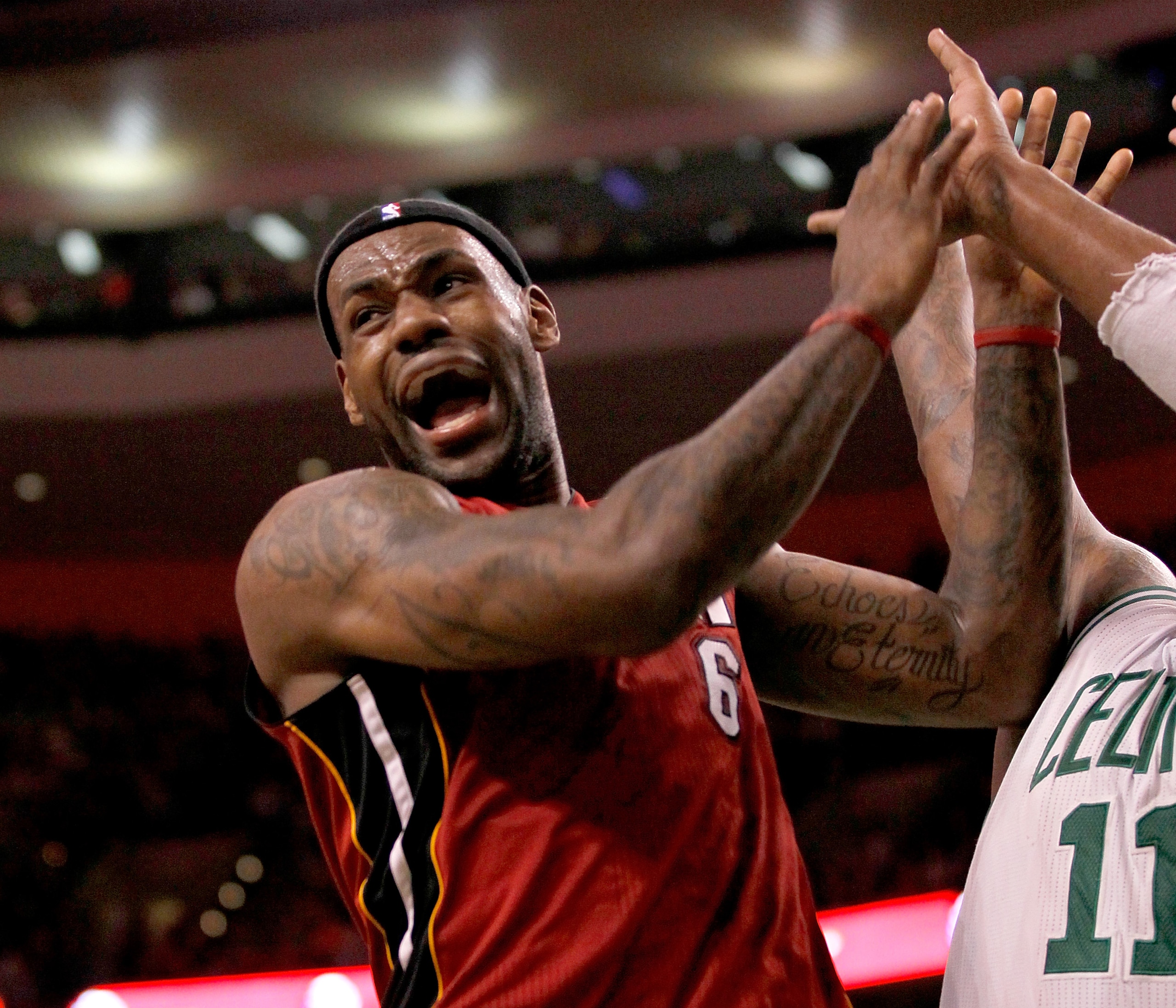BOSTON - FEBRUARY 13:  LeBron James #6 of the Miami Heat reacts when an official failed to call a foul against the Boston Celtics at TD Garden on February 13, 2011 in Boston, Massachusetts. The Celtics won 85-82. NOTE TO USER: User expressly acknowledges