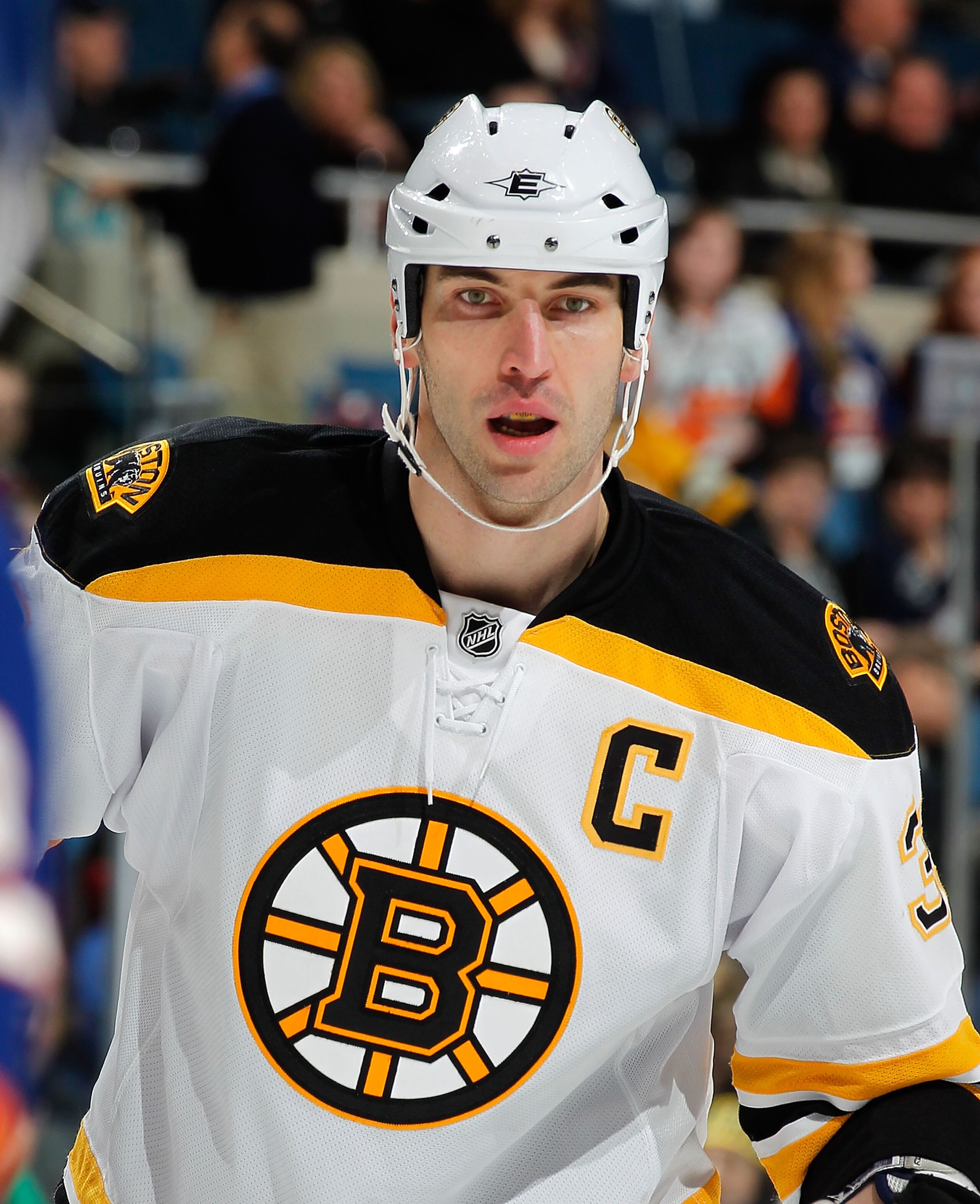 UNIONDALE, NY - FEBRUARY 17:  Zdeno Chara #33 of the Boston Bruins waits for a faceoff during an NHL hockey game against the New York Islanders at the Nassau Coliseum on February 17, 2011 in Uniondale, New York.  (Photo by Paul Bereswill/Getty Images)