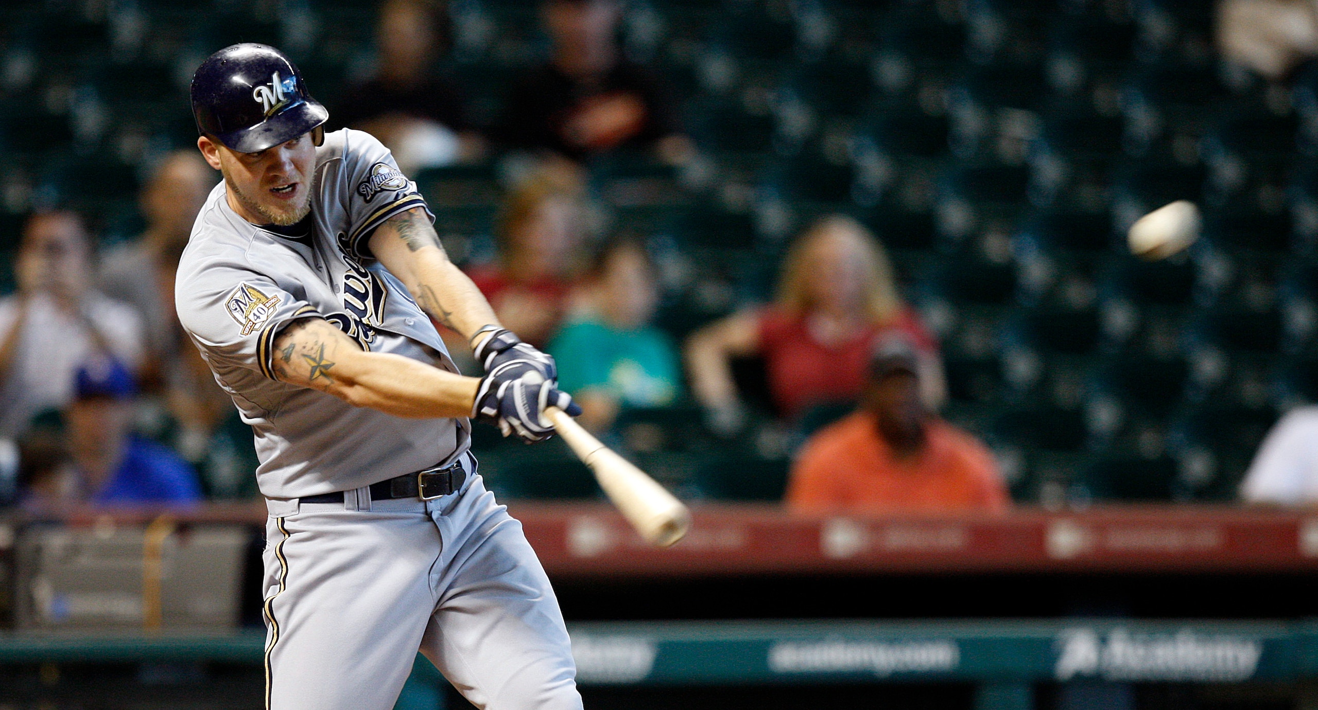 HOUSTON - SEPTEMBER 15:  Corey Hart #1 of the Milwaukee Brewers doubles to right center field in the first inning against the Houston Astros at Minute Maid Park on September 15, 2010 in Houston, Texas.  (Photo by Bob Levey/Getty Images)