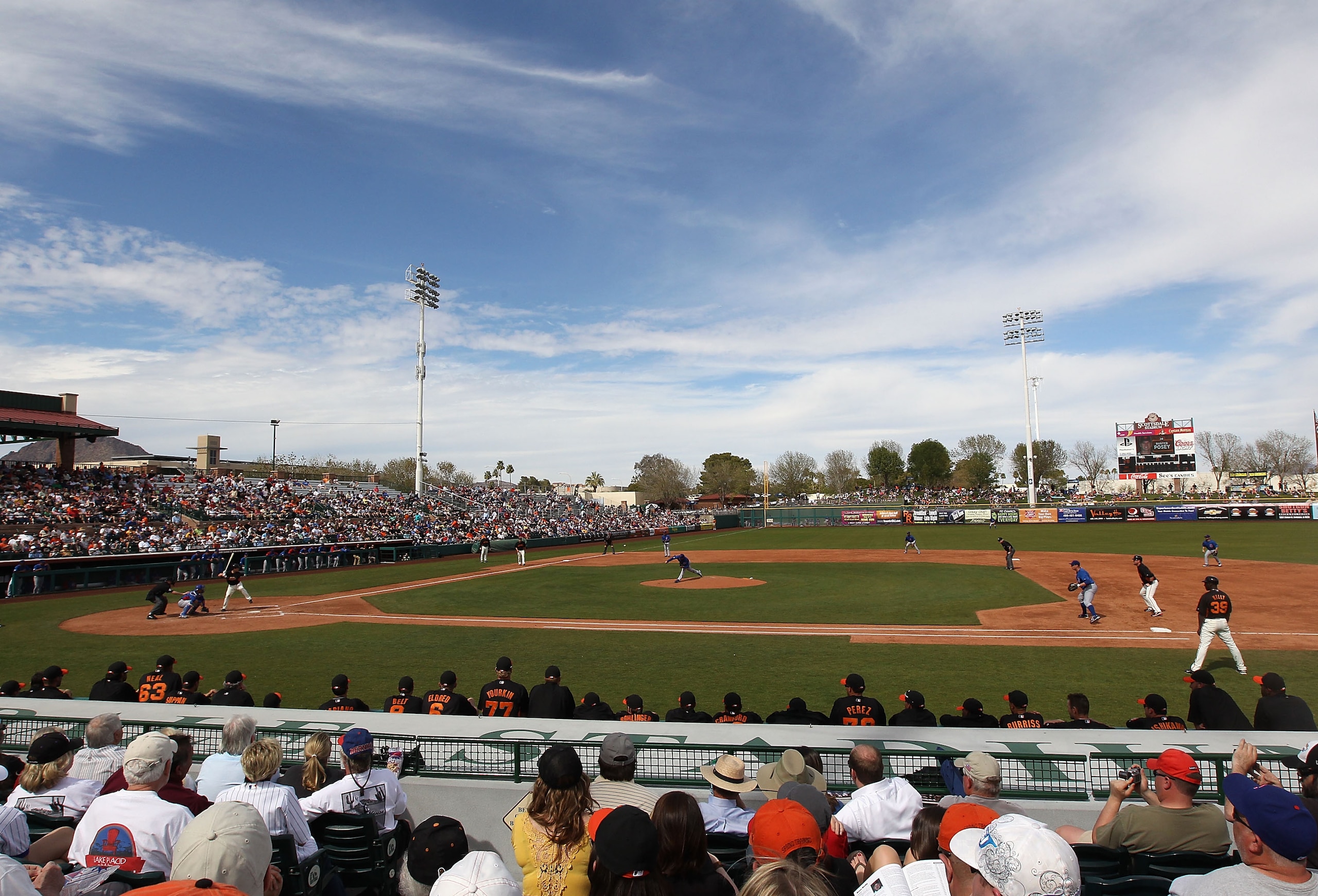 SCOTTSDALE, AZ - MARCH 01:  General view as starting pitcher Ryan Dempster #46 of the Chicago Cubs pitches to Buster Posey#28 of the San Francisco Giants during the spring training game at Scottsdale Stadium on March 1, 2011 in Scottsdale, Arizona.  (Phot