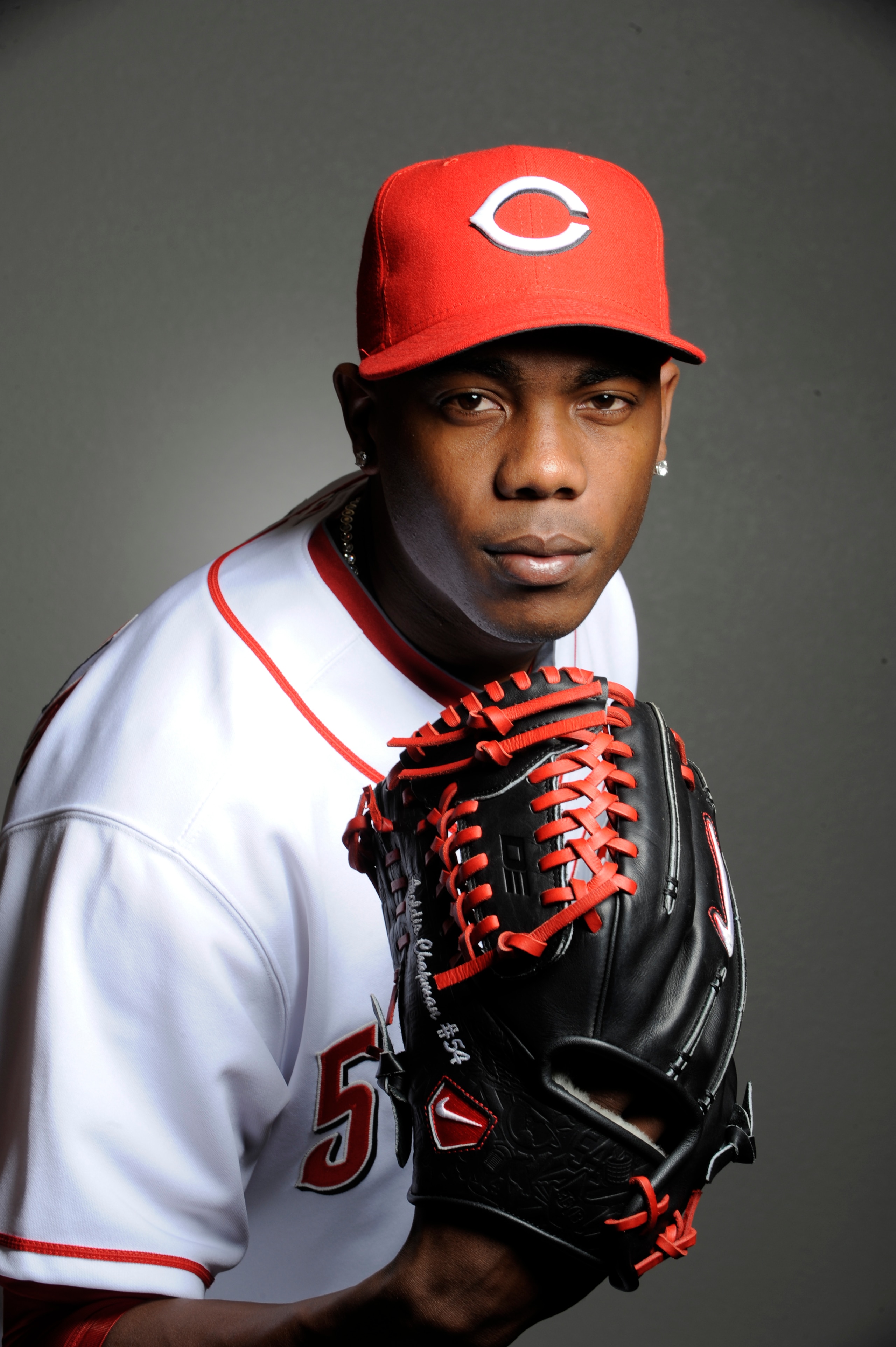GOODYEAR, AZ - FEBRUARY 20: Aroldis Chapman #54 of the Cincinnati Reds poses during the Cincinnati Reds photo day at the Cincinnati Reds Spring Training Complex on February 20, 2011 in Goodyear, Arizona. (Photo by Rob Tringali/Getty Images)