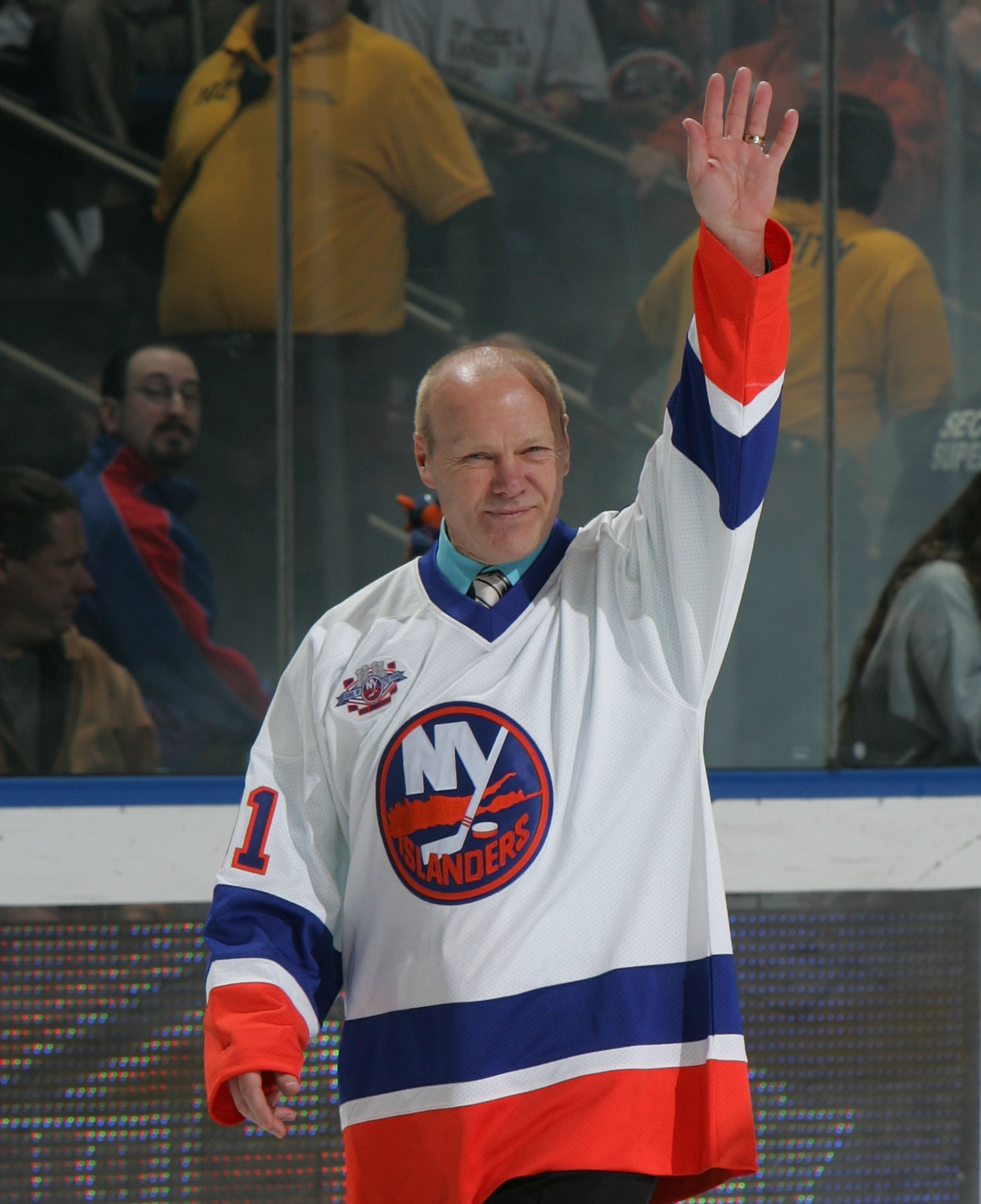 UNIONDALE, NY - MARCH 02:  Butch Goring of 'The 'Core of the Four' New York Islanders Stanley Cup championships take part in a ceremony prior to the Islanders game against the Florida Panthers on March 2, 2008 at the Nassau Coliseum in Uniondale, New York